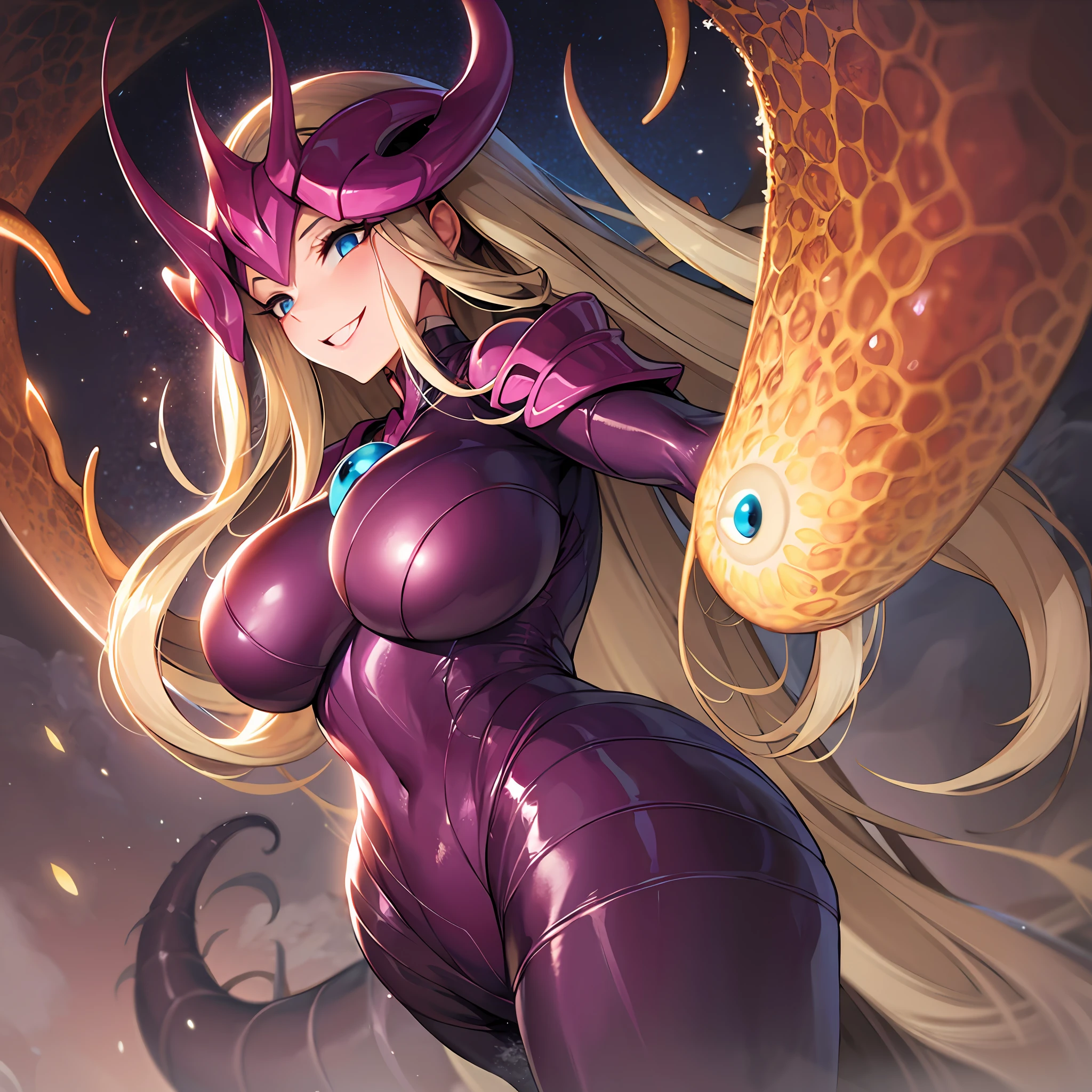 Woman wearing hot water dripping tentacles、Guyver Style、wicked smile、A woman has tentacle servants around、Scarabeleploid、Cel Shade Adult Animation、Metroid Suit、long-hair