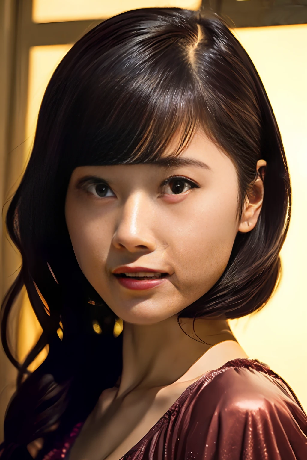 (8k, RAW photo, best quality, masterpiece:1.2), (realistic, photo-realistic:1.37), ultra-detailed, ultra high res,1 girl,looking at viewer,beautiful detailed face,smile,narrow,(slim waist:1.3),shirt, beautiful detailed skin, skin texture, floating hair,professional lighting,