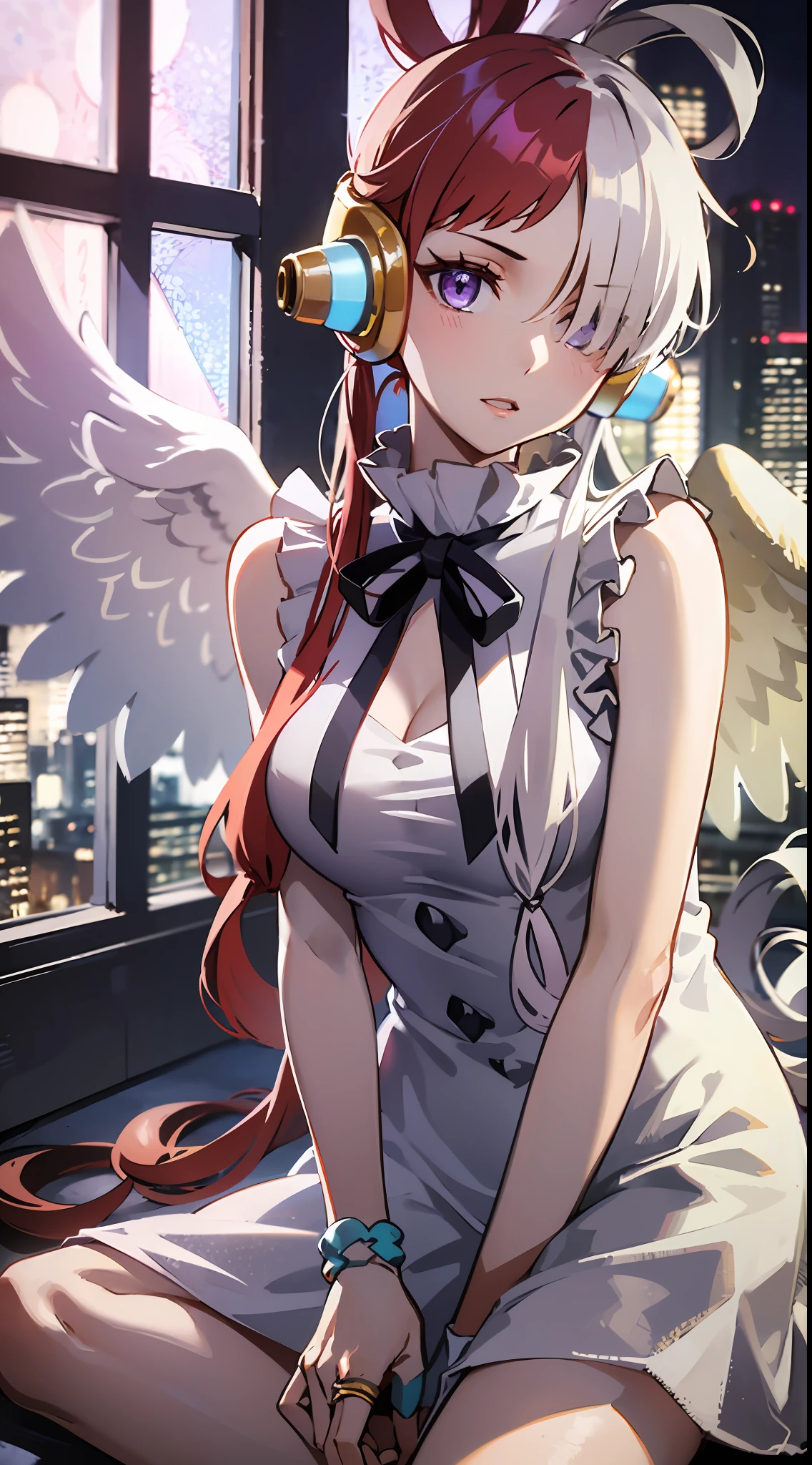 masterwork, maximum quality, Highresolution, 1girls, split-color hair, Hair above one eye, red hairs, multicolored hair, slong hair, purple eyes, Hair Ring, White dress, headphones, White hair, Black ribbon, Bangs, sleeveless, mid chest, Angel wings、chicken、all-body、