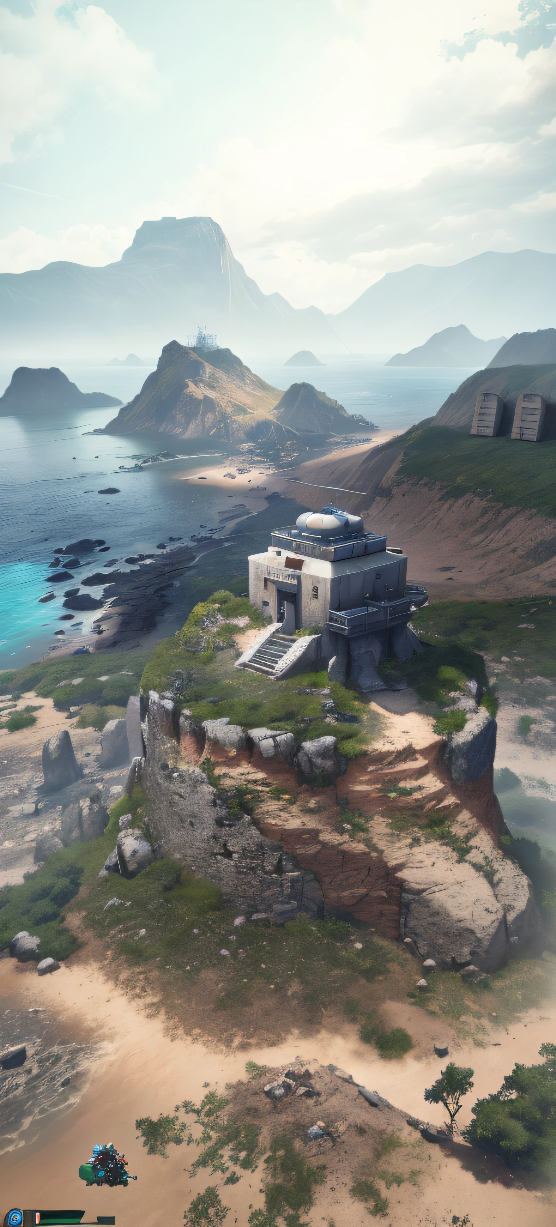 There is a radar station at the top of the hill with a close-up of a lot of dirt, gameplay footage, screenshot from game, Military outpost, gameplay still, warzone background, gameplay, battlefield backround, farcry, gameplay video, in-game footage, in - game footage,The cliff overlooks a body of water, pc screenshot, loadscreen”, The ultra-Realistically, beautiful screenshot, screenshot from game, epic matte painting of an island, immensely detailed scene, high quality screenshot, gameplay still, screengrab, game map matte painting, video game screenshot>, screenshot from game, beautiful high resolution