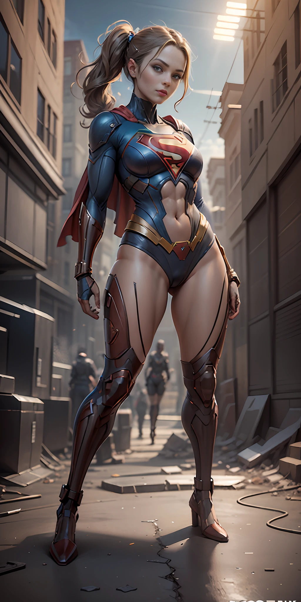 Supergirl from DC, frontal, full-length, looking at the camera, facing the audience, standing pose, simple background, three-dimensional light, detailed full-body concept, sleek digital concept art, beautiful full-body concept art, art trend, full-length CGsociety,
