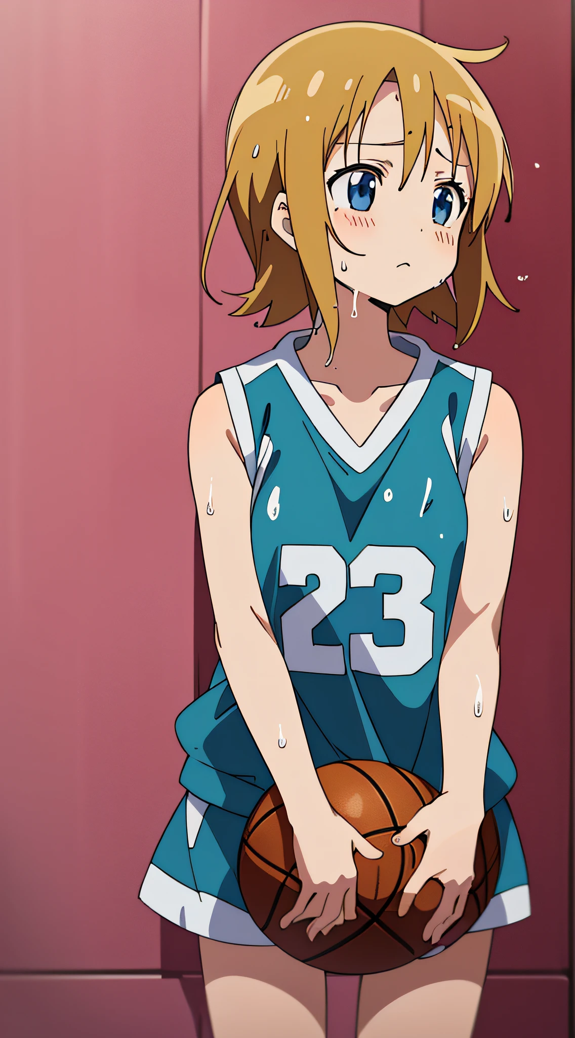 (maximum quality,Anime,Anime Art Style:1.2) yuyushiki, Young girl, 13years old, Wet with sweat、Playing the Basketball, (Looking away:1.5),coloured々movement,sleeveless,