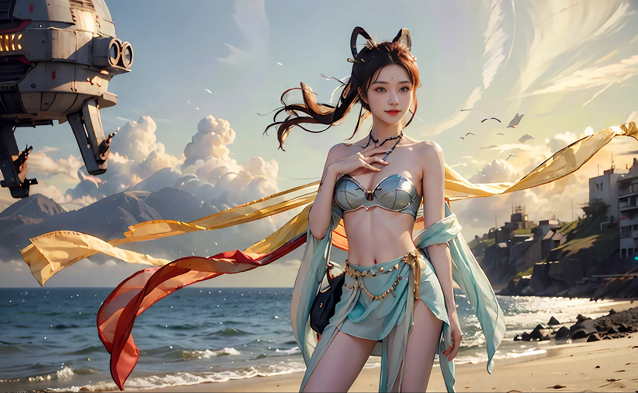 Best quality, delicate face, 25-year-old girl, slim body, body made of metal, small bust,light smile, metal structural skeleton, seaside, standing posture, beach, huge spaceship floating in the air, cyberpunk, sci-fi