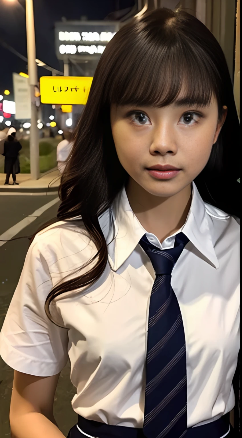 masterpiece, best quality, 8k, 85mm portrait, absurdres, beautiful girl, (night, upper body:1.5), cute, street, (school uniform, white shirt, short sleeve, dark brownish grey pleated skirt, dark grey tie:1.2), long hair, slender, neon, (Lianyungang, Akishima, Yeonggwang:0.4), no makeup, (dark red tie:1.2), perspective, depth of field, ultra realistic, highres, photography, sharp focus, HDR, facelight, dynamic lighting, highest detailed, extreme detailed, ultra detailed, finely detail, real skin, delicate facial features