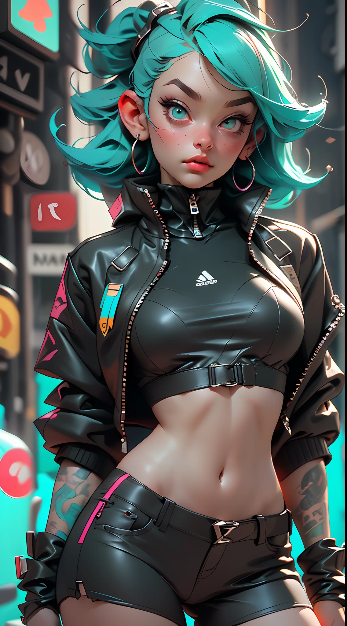 ((Best Quality)), ((Masterpiece)), ((Realistic)) and ultra-detailed photography of a 1nerdy girl with goth and neon colors. She has ((turquoise hair)), wears a techwear jacket and exudes a vibe ((beautiful and aesthetic)), sexy, underboobs, hot