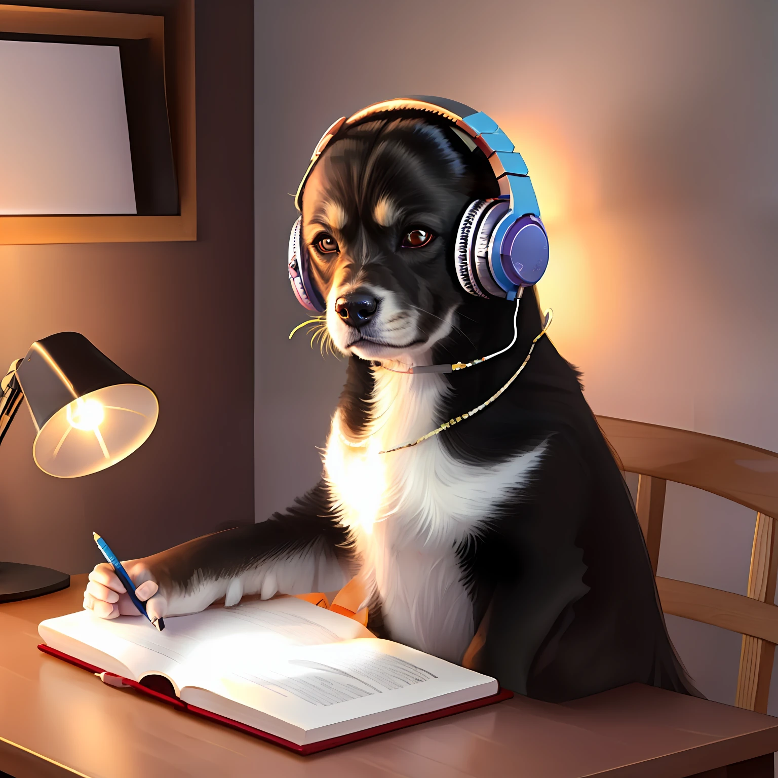 Under the lamp,Little girl with headphones,Reading,Hold the pen in your right hand,A small dog on the table。