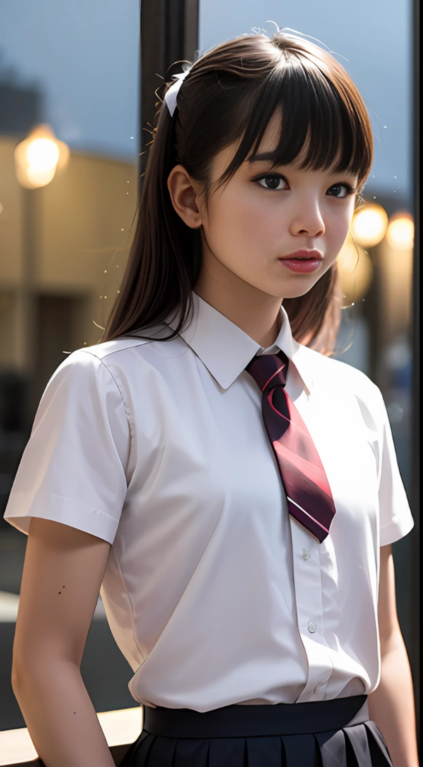 masterpiece, best quality, 8k, 85mm portrait, absurdres, beautiful girl, (night, upper body:1.5), cute, street, (school uniform, white shirt, short sleeve, dark brownish grey pleated skirt, dark grey tie:1.2), long hair, slender, neon, (Lianyungang, Akishima, Yeonggwang:0.4), no makeup, (dark red tie:1.2), perspective, depth of field, ultra realistic, highres, photography, sharp focus, HDR, facelight, dynamic lighting, highest detailed, extreme detailed, ultra detailed, finely detail, real skin, delicate facial features