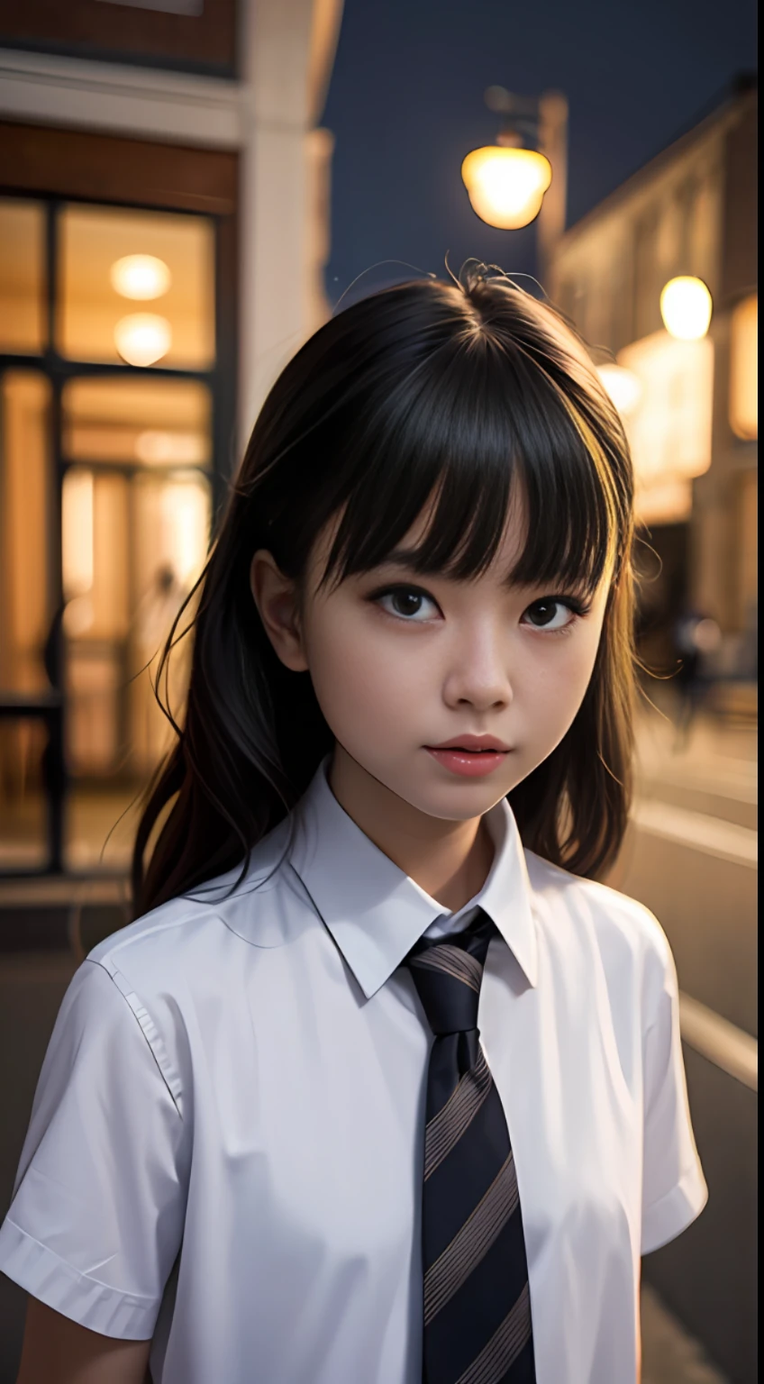 masterpiece, best quality, 8k, 85mm portrait, absurdres, beautiful girl, (night, upper body:1.5), cute, street, (school uniform, white shirt, short sleeve, dark brownish grey pleated skirt, dark grey tie:1.2), long hair, slender, neon, (Lianyungang, Akishima, Yeonggwang:0.4), no makeup, (dark red tie:1.2), perspective, depth of field, ultra realistic, highres, photography, sharp focus, HDR, facelight, dynamic lighting, highest detailed, extreme detailed, ultra detailed, finely detail, real skin, delicate facial features