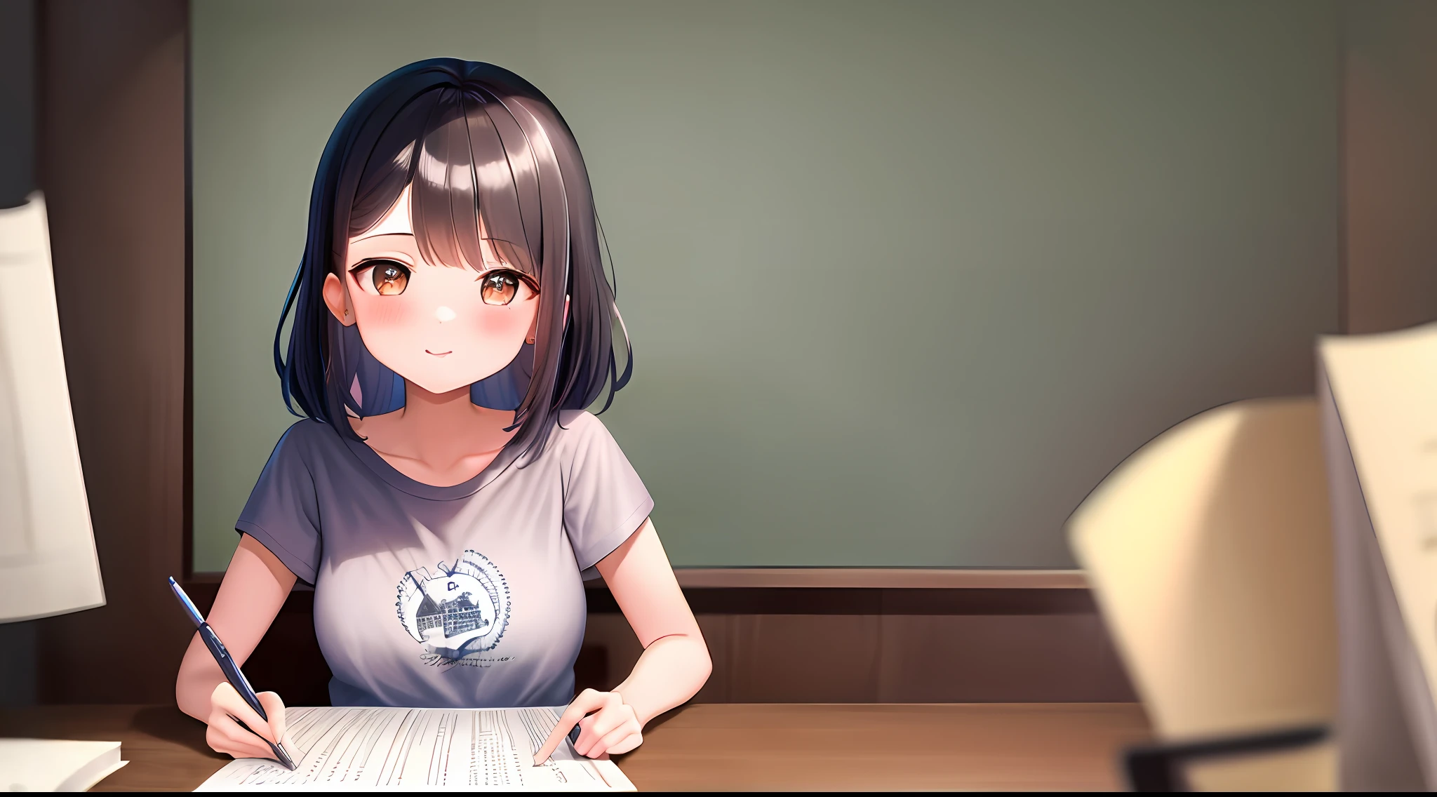 masterwork, maximum quality, Highresolution, 1girls, Loose T-shirt、 Girl sitting on chair studying drafting at desk, Study seriously, Good luck studying、drawn、beautifu、a Pretty、National Idol、Popular idols in Japan