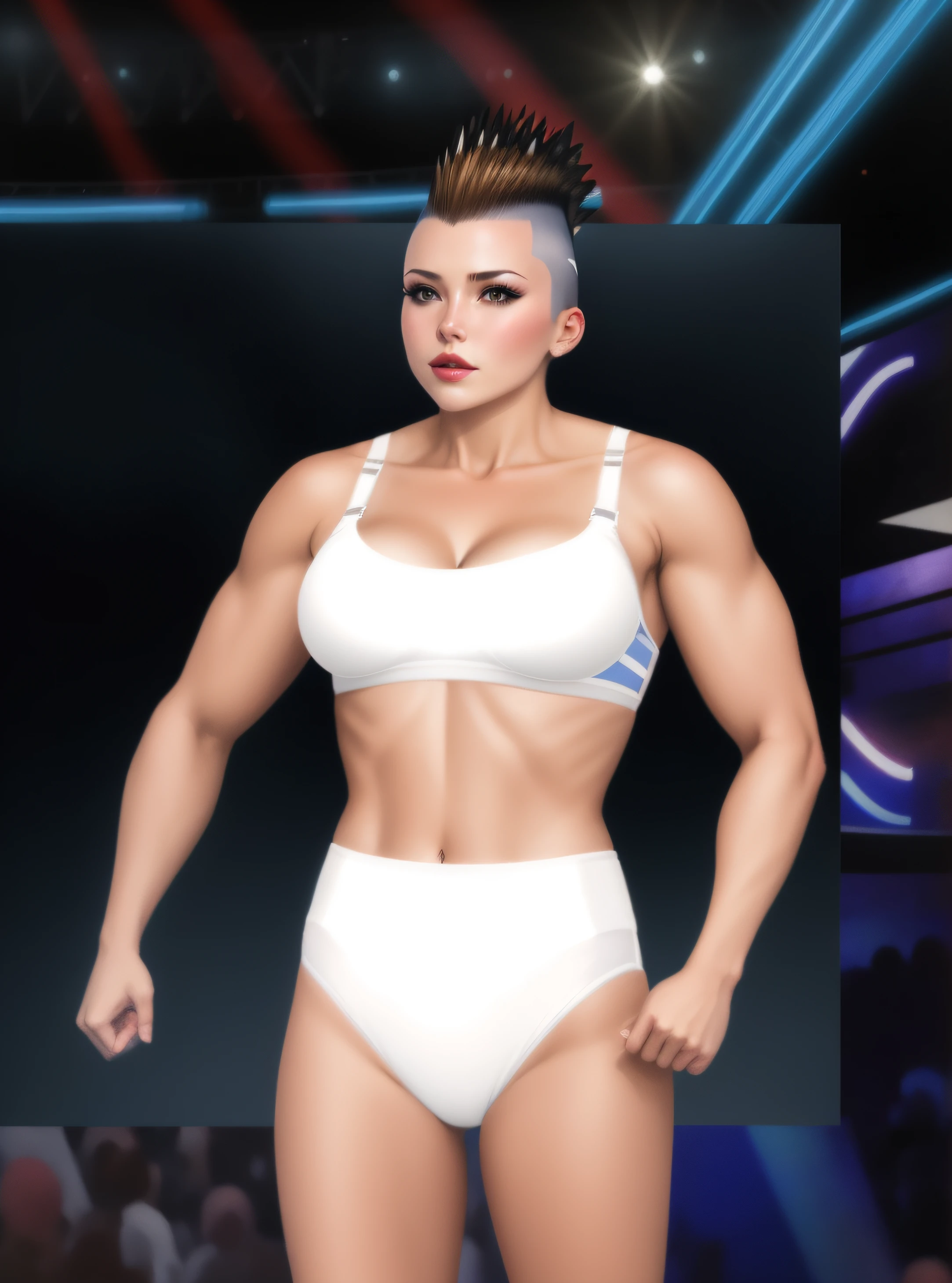 Buff brown-haired Russian female wrestler with Mohawk, in white bra and white cotton high cut panties, realistic art style, intricate details