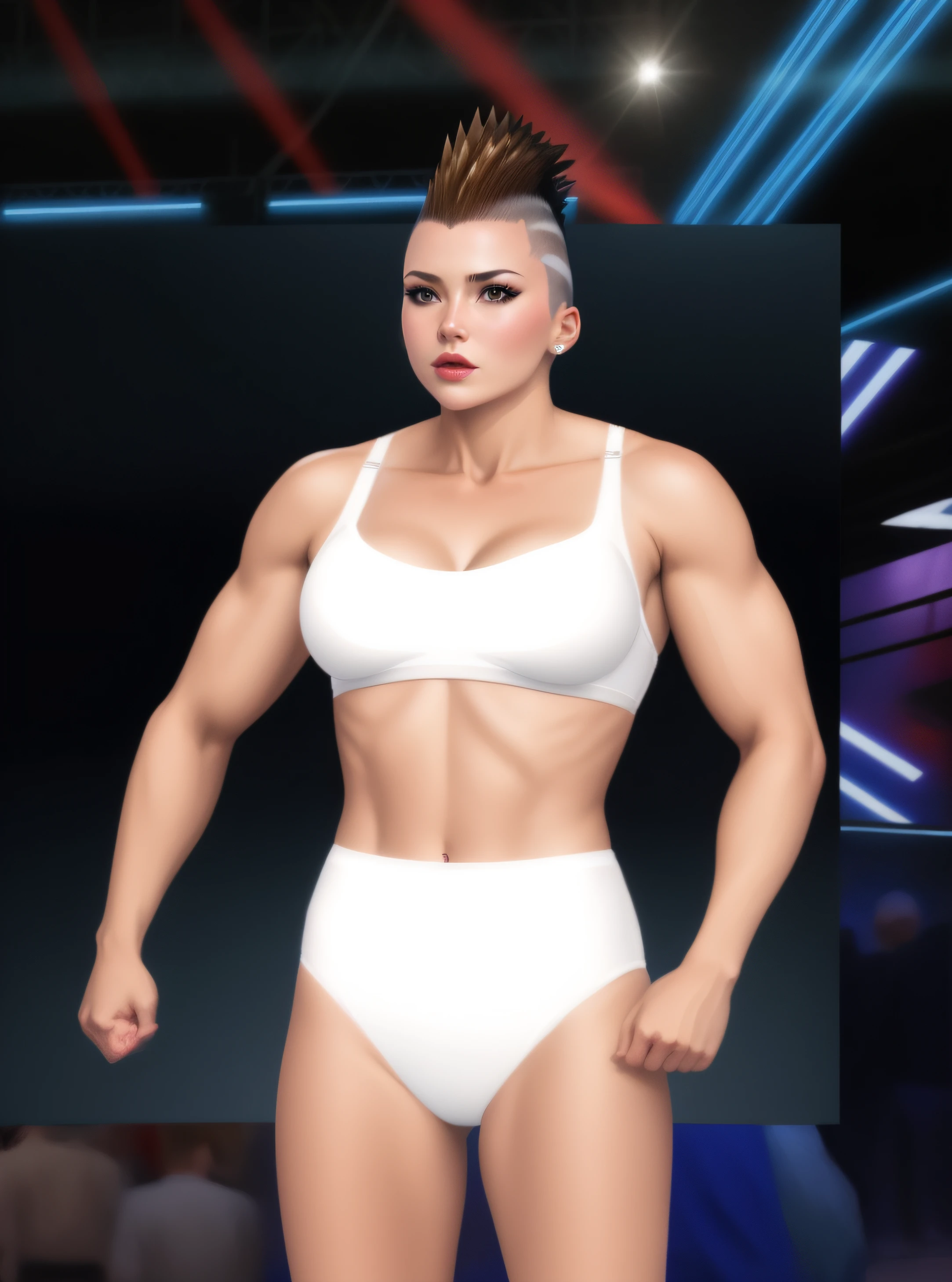 Buff brown-haired Russian female wrestler with Mohawk, in white bra and white cotton high cut panties, realistic art style, intricate details