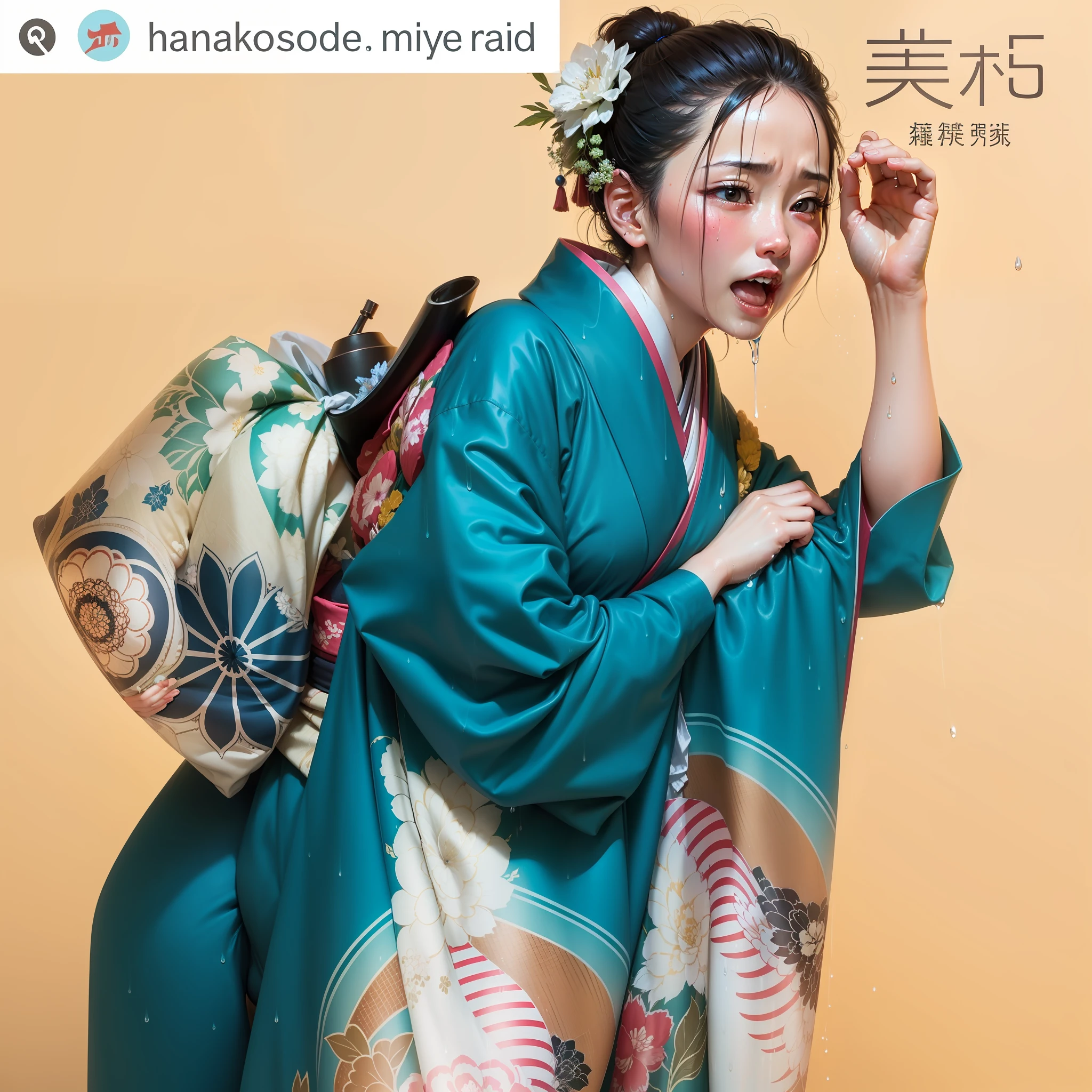 heavy raining、Kimono soaking wet、Rain dripping from kimono