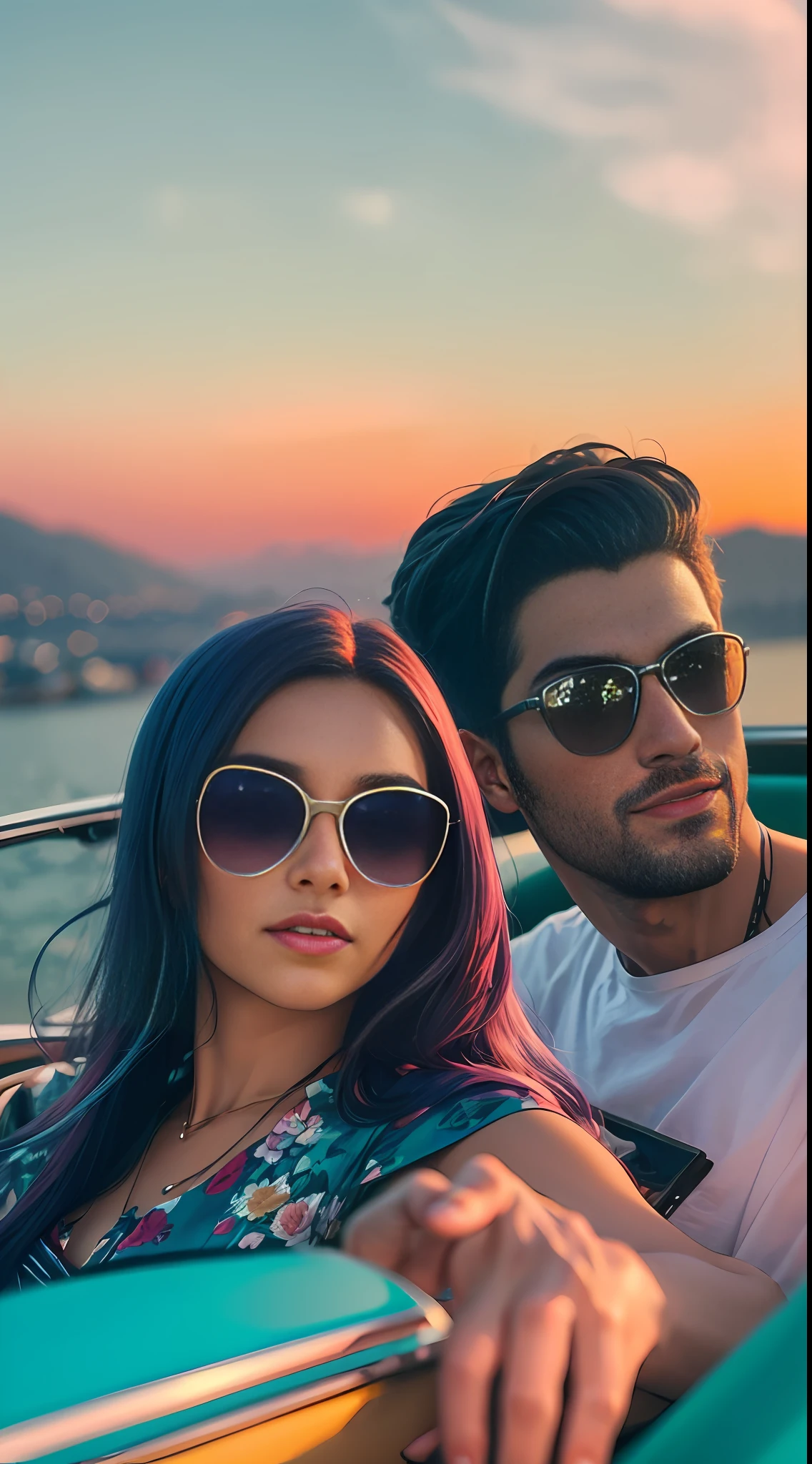 "A couple in love enjoying a summer evening in a vintage convertible car, com o horizonte da cidade retratado em cores vibrantes do Synthwave."
Use neon and saturated tones to highlight the characteristic colors of Synthwave, como rosa, azul e roxo. --auto