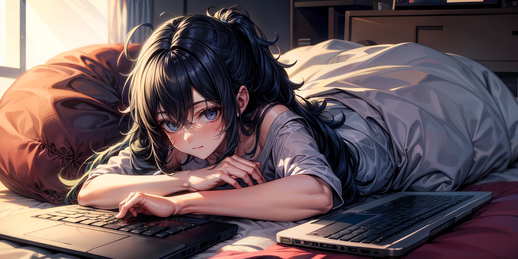 on stomach,laptop,(messy hair),long hair,blue hair,futon