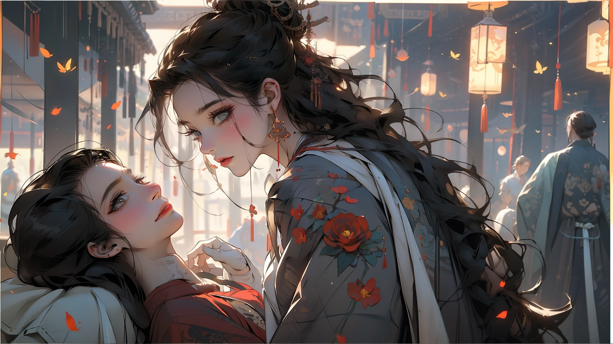 The two looked at each other，Side face，A man and a woman，The girl presses down the boy，two-dimensional，best qualiy，master-piece，hyper detailed，Extreme detail，8k壁紙，Realistic details，Cinematic Lights，dynamicangle，World Mastery Theatre，best qualiy，Extremely delicate，Perfect face，exquisite facial features，The Perfect Hand，Delicate lashes，exquisite eyes，Ancient Chinese hairstyle，Red lanterns，the golden ratio，Melancholy expression，bitter smile，rose petals，Light and shadow tracking，