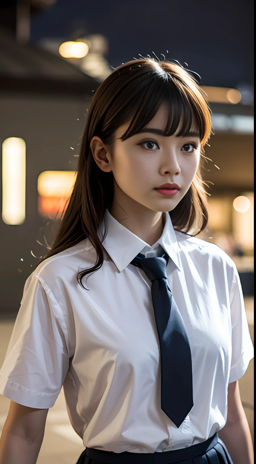 masterpiece, best quality, 8k, 85mm portrait, absurdres, beautiful girl, (night, upper body:1.5), cute, street, (school uniform, white shirt, short sleeve, dark brownish grey pleated skirt, dark grey tie:1.2), long hair, slender, neon, (Lianyungang, Akishima, Yeonggwang:0.4), no makeup, (dark red tie:1.2), perspective, depth of field, ultra realistic, highres, photography, sharp focus, HDR, facelight, dynamic lighting, highest detailed, extreme detailed, ultra detailed, finely detail, real skin, delicate facial features