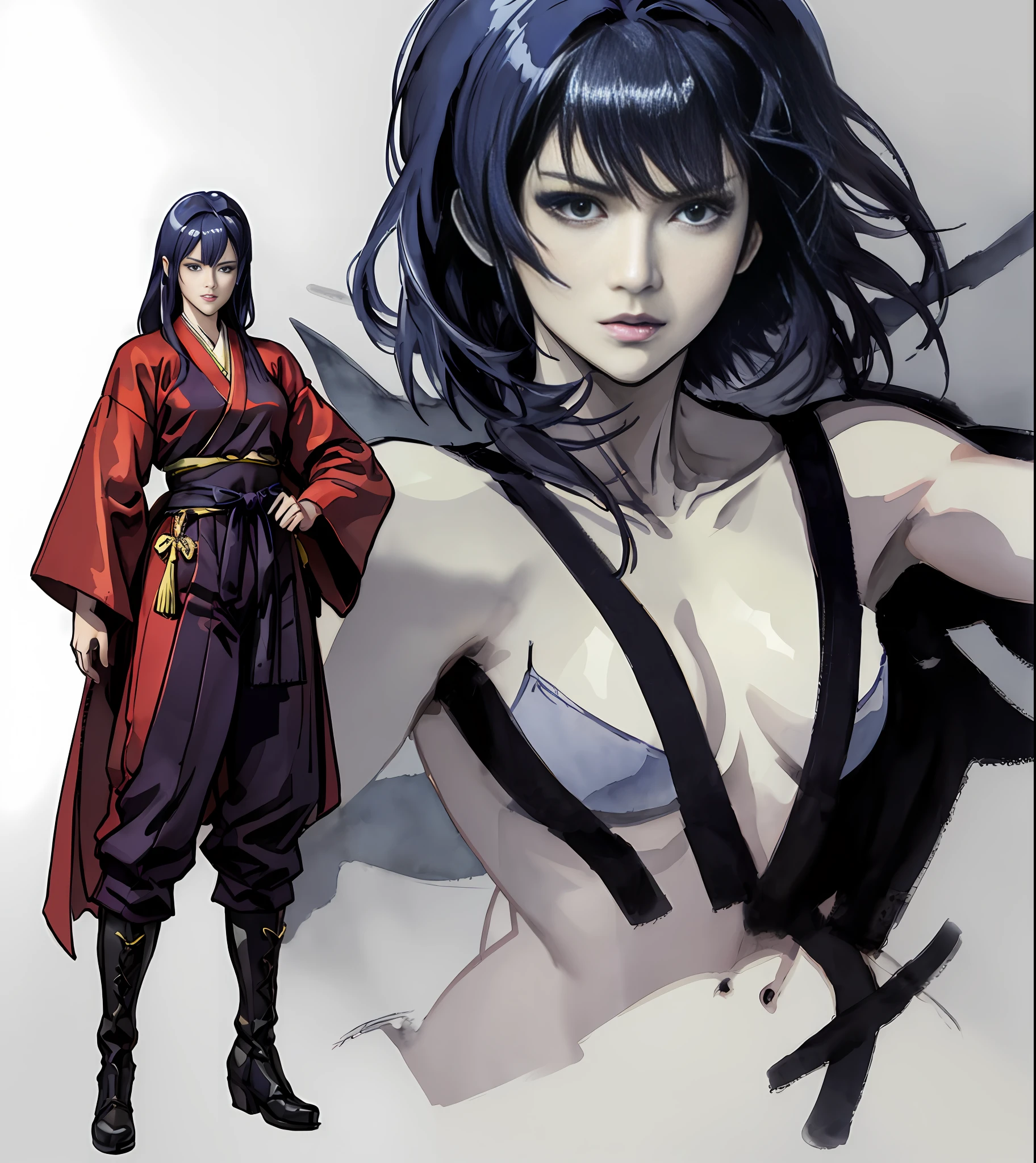 Masterpiece, 4k anime, (watercolor: 1.4), anime drawing of a heroine in hanfu and robes, full, slim and well-proportioned waist and abdomen, perfect body, realistic hanfu, wearing boots, battle posture study, full body, dress: bikini and hanfu, female heroine image, martial arts anime style, color sketch, sketch art style, anime art, digital anime, super high resolution, realistic proportions SFW, hands on her body pose! , full body combat pose, gesture drawing, fine sketching, full body portrait, anime painting