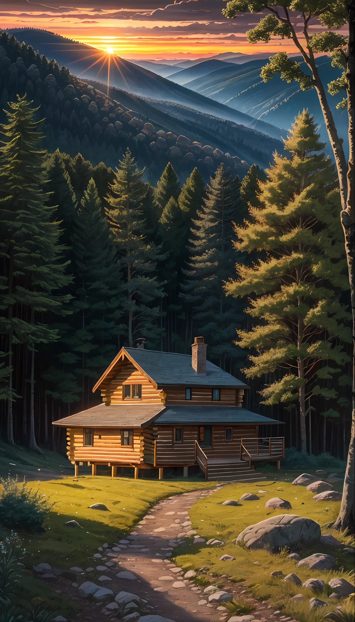 A picture of a log cabin in the mountains with a stone trail leading through the trees to the cwbinhighres, imagination, (realistic), clear skies, composition, sunset, (hdr:1.5), outdoors, intricate details,