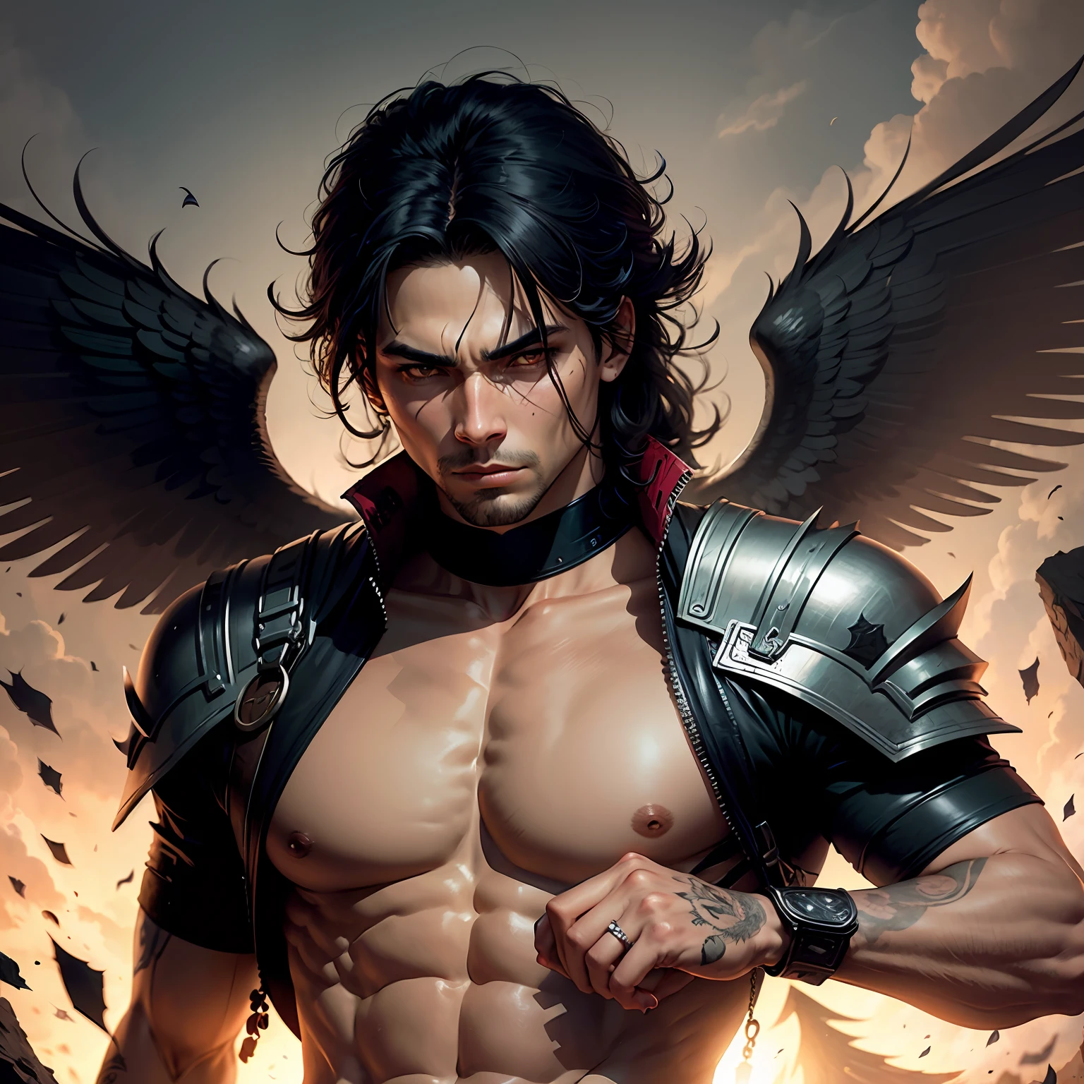 homem latino musculoso cabelo negro, black eyes with black wings of fallen angel Azazel --auto