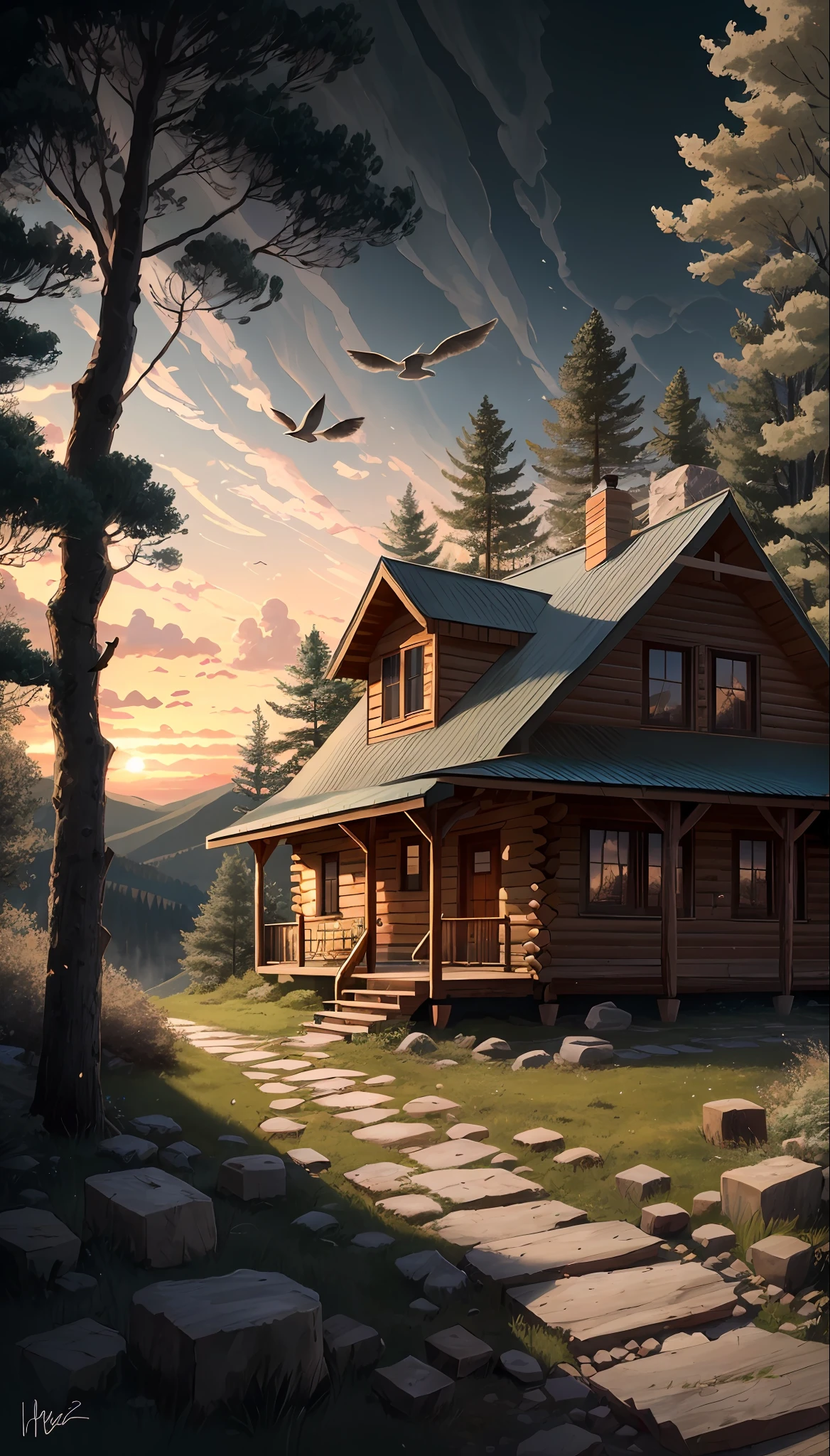A picture of a log cabin in the mountains with a stone trail leading through the trees to the cabin, pile of chopped wood and an axe beside the cabin, birds flying, cinematic, realism, crystal clear, micro-details, cinematic light, highres, imagination, (realistic), clear skies, composition, sunset, (hdr:1.5), outdoors, intricate details,