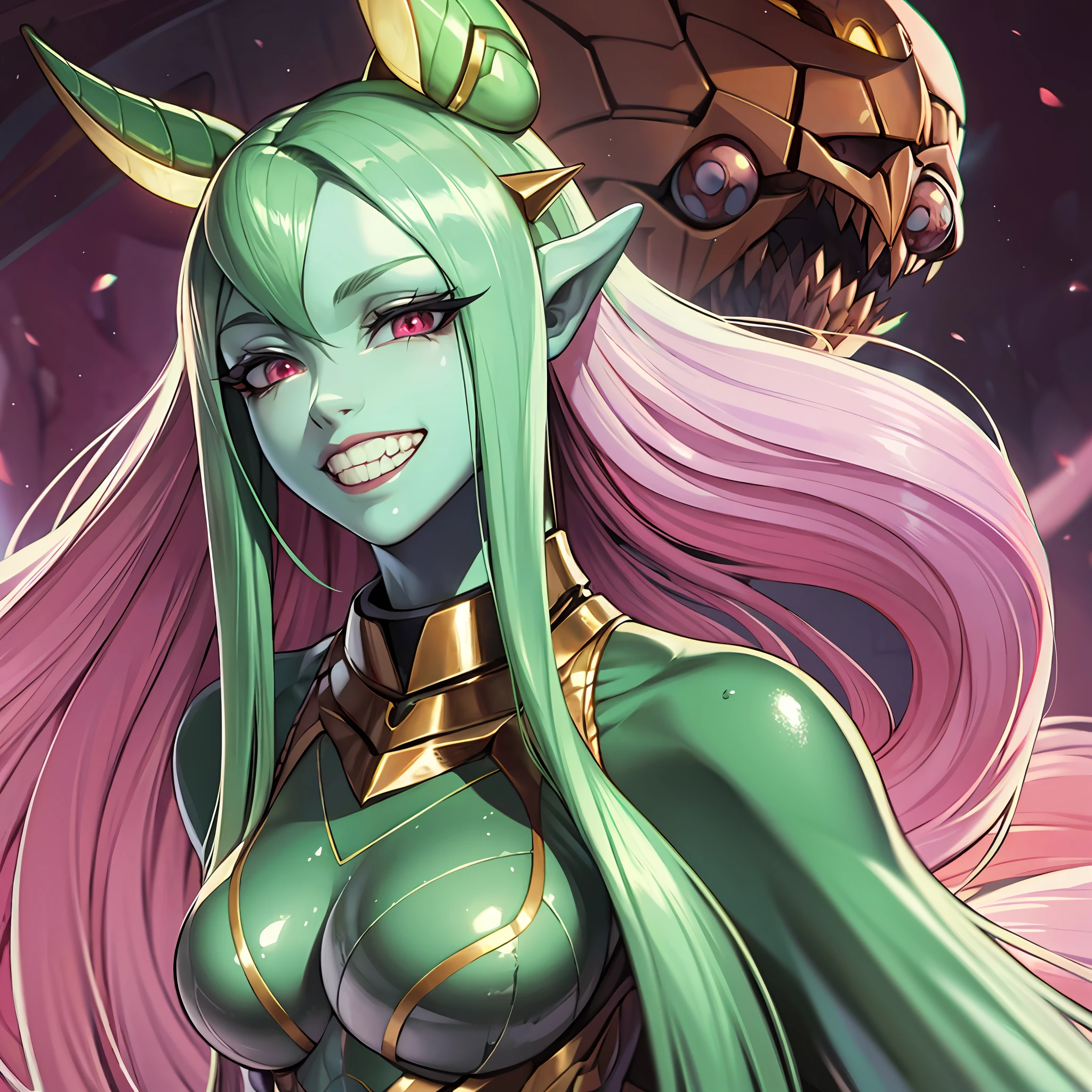 Woman wearing hot water dripping tentacles、Guyver Style、wicked smile、A woman has tentacle servants around、Scarabeleploid、Cel Shade Adult Animation、Metroid Suit、long-hair