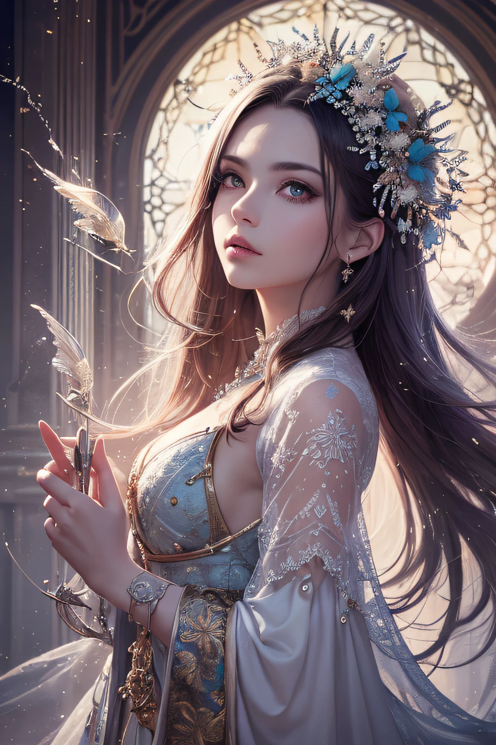 (((masterpiece))), (((best quality))), ((ultra-detailed)), (hyperrealistic), (highly detailed CG illustration), ((an extremely delicate and beautiful)),cinematic light, Create a stunning anime artwork that is currently trending on ArtStation, showcasing exquisite beauty and captivating aesthetics. The art piece should be highly detailed, featuring a compelling character and a visually appealing environment. The character in the artwork is a graceful and enchanting figure, radiating an aura of elegance. Pay close attention to intricate facial features, such as mesmerizing eyes with vibrant colors and delicate shading. The character's clothing should be designed with elaborate patterns, flowing fabrics, and rich textures, reflecting a blend of fantasy and contemporary fashion. Place the character in a captivating environment that enhances the overall appeal of the artwork. It could be a breathtaking natural landscape, a bustling futuristic cityscape, or a mystical realm filled with magical elements. Incorporate vibrant colors, dynamic lighting, and detailed background elements to create a sense of depth and immersion. Consider the latest trends in anime art, such as incorporating unique lighting effects, exploring creative composition techniques, or experimenting with unconventional color palettes. Take inspiration from the top artists on ArtStation and their exceptional execution of various art styles and themes. Camera: Choose an angle that highlights the character's beauty and the immersive environment. Lighting: Utilize atmospheric lighting techniques to create depth and mood. Resolution: Aim for a high-resolution artwork to showcase intricate details and clarity. Art Inspirations: Seek inspiration from the trending artists on ArtStation, exploring different styles, genres, and themes.