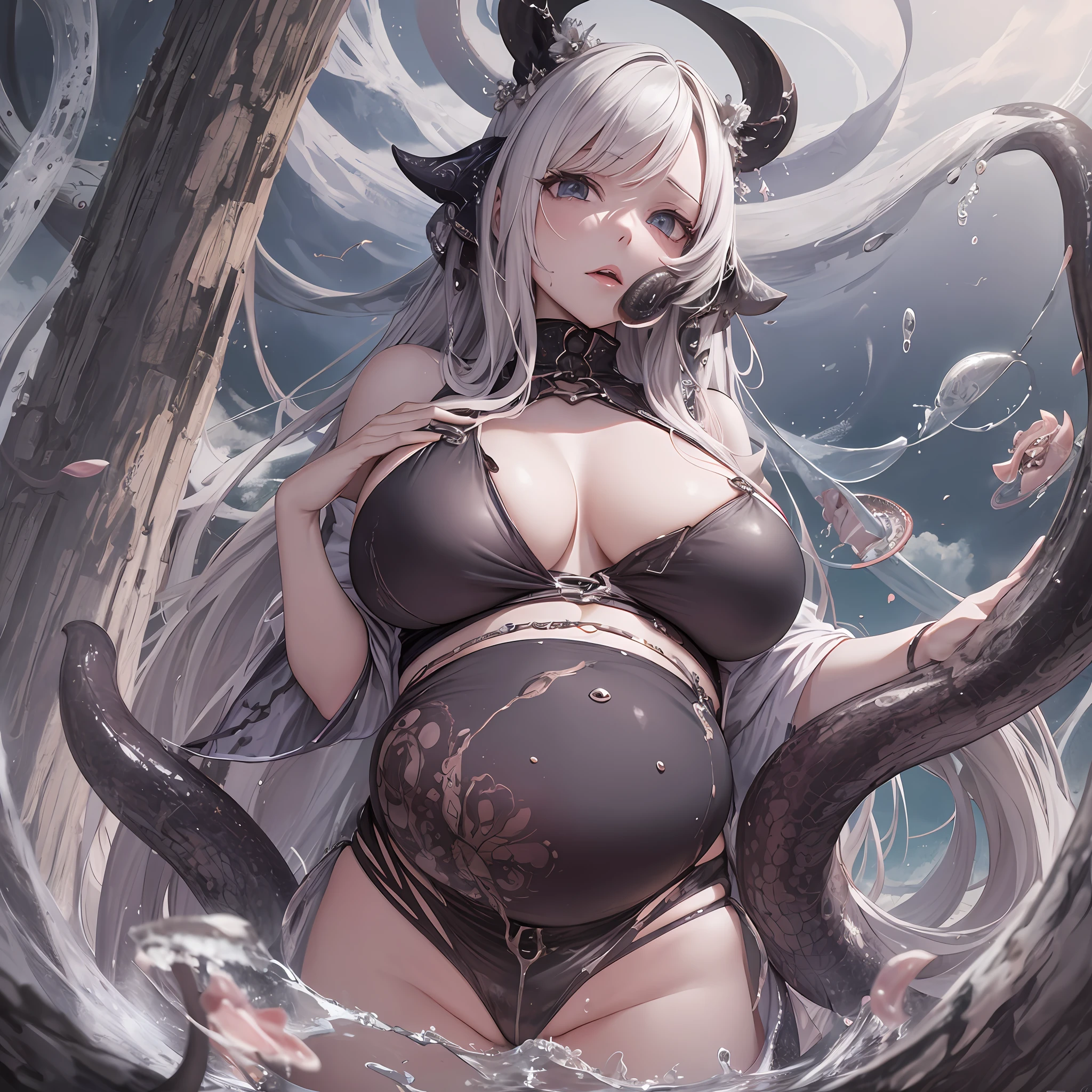 Anime, Goddess, Big Breasts, Pregnancy, Tentacle Parasitism, Phagy, Mucus, Disgusting, Girl's Neck Caught by Tentacles, Tentacles Hanging Neck Pulled to the Sky --auto