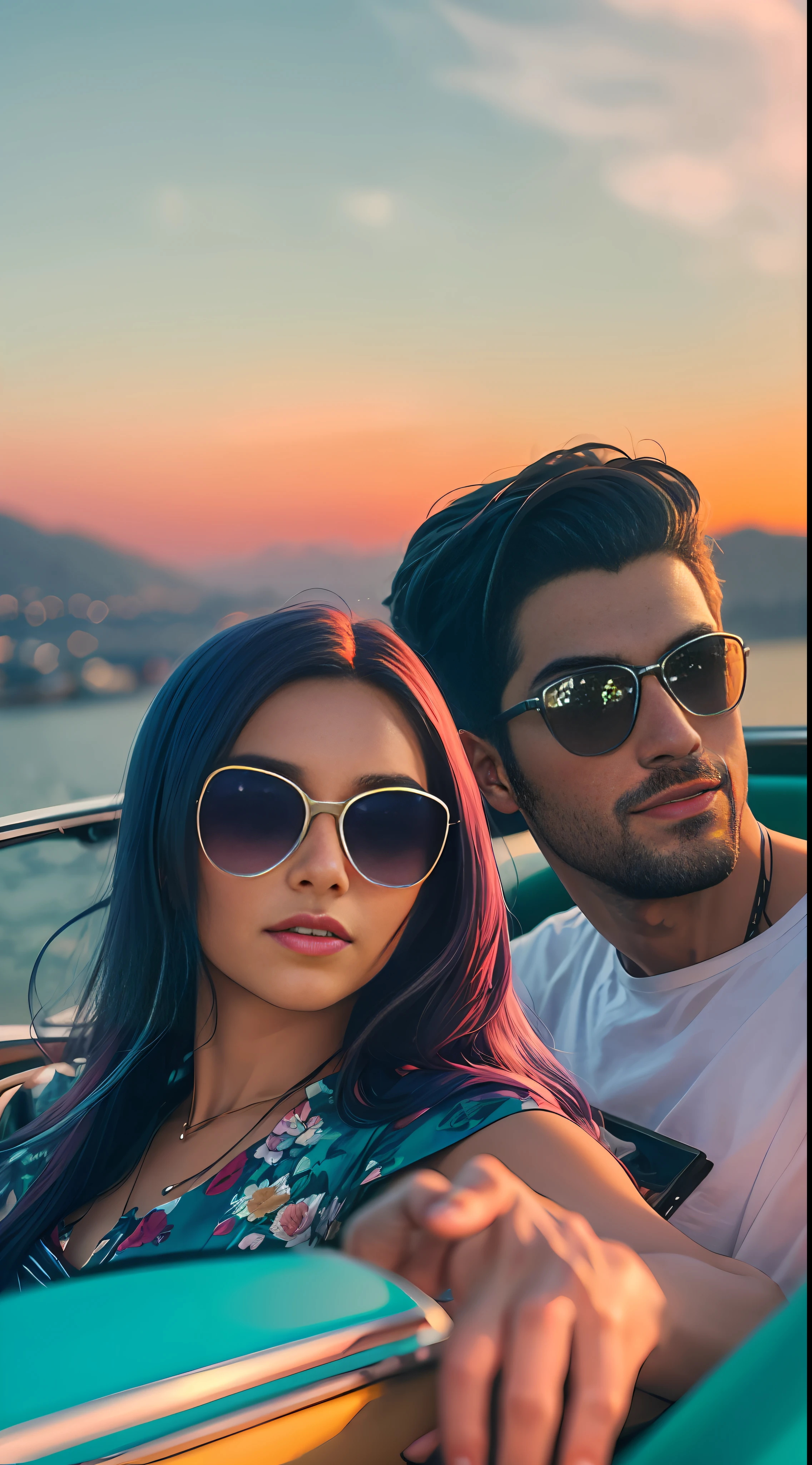 "A couple in love enjoying a summer evening in a vintage convertible car, com o horizonte da cidade retratado em cores vibrantes do Synthwave."
Use neon and saturated tones to highlight the characteristic colors of Synthwave, como rosa, azul e roxo. --auto
