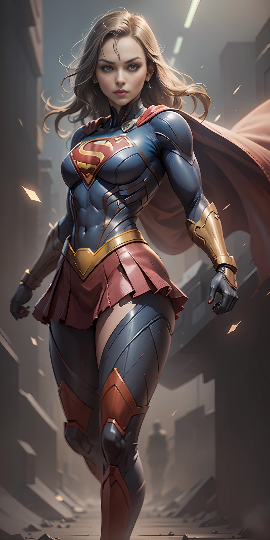 Supergirl from DC, frontal, full-length, looking at the camera, facing the audience, standing pose, simple background, three-dimensional light, detailed full-body concept, sleek digital concept art, beautiful full-body concept art, art trend, full-length CGsociety,