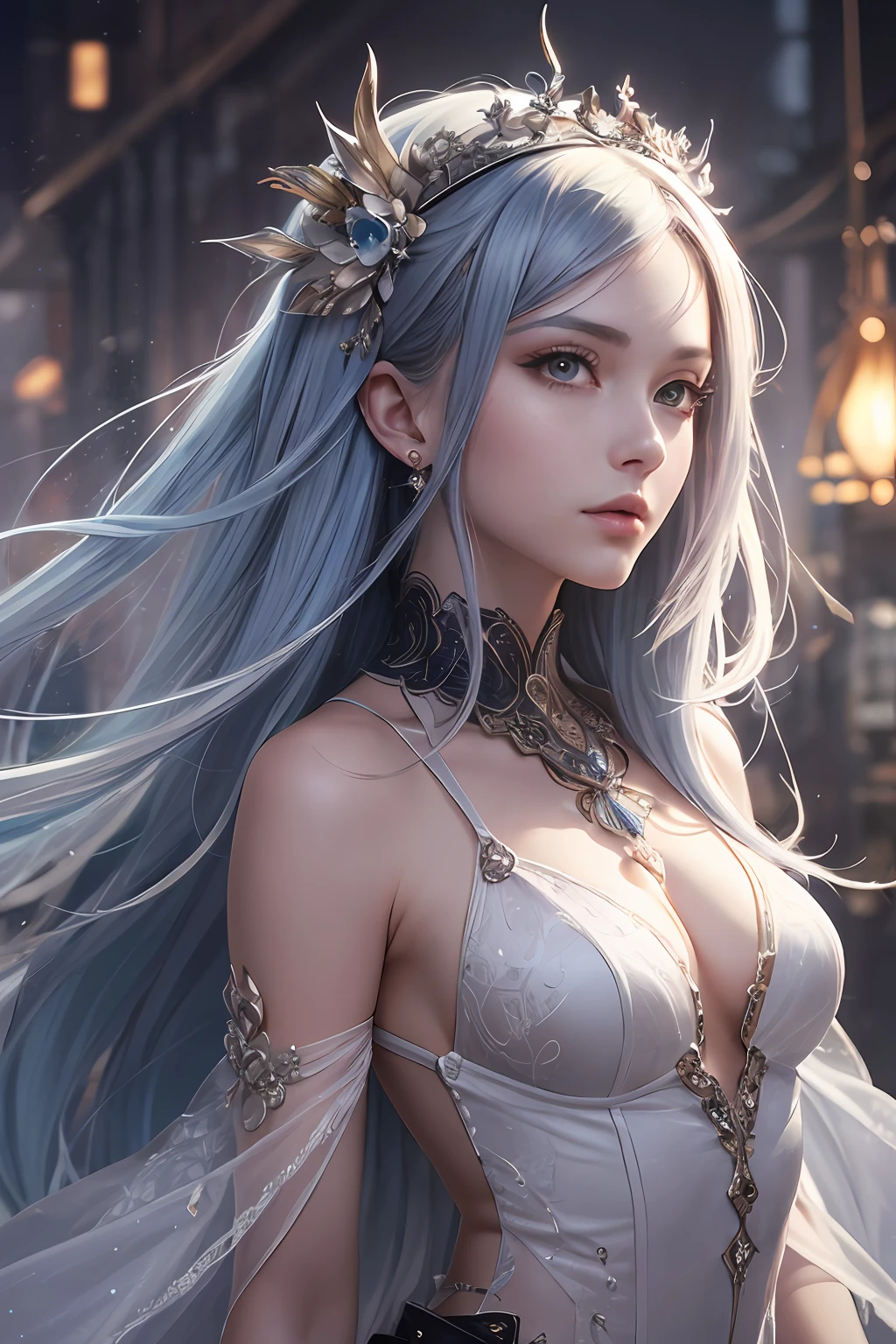 (((masterpiece))), (((best quality))), ((ultra-detailed)), (hyperrealistic), (highly detailed CG illustration), ((an extremely delicate and beautiful)),cinematic light, Create a stunning anime artwork that is currently trending on ArtStation, showcasing exquisite beauty and captivating aesthetics. The art piece should be highly detailed, featuring a compelling character and a visually appealing environment. The character in the artwork is a graceful and enchanting figure, radiating an aura of elegance. Pay close attention to intricate facial features, such as mesmerizing eyes with vibrant colors and delicate shading. The character's clothing should be designed with elaborate patterns, flowing fabrics, and rich textures, reflecting a blend of fantasy and contemporary fashion. Place the character in a captivating environment that enhances the overall appeal of the artwork. It could be a breathtaking natural landscape, a bustling futuristic cityscape, or a mystical realm filled with magical elements. Incorporate vibrant colors, dynamic lighting, and detailed background elements to create a sense of depth and immersion. Consider the latest trends in anime art, such as incorporating unique lighting effects, exploring creative composition techniques, or experimenting with unconventional color palettes. Take inspiration from the top artists on ArtStation and their exceptional execution of various art styles and themes. Camera: Choose an angle that highlights the character's beauty and the immersive environment. Lighting: Utilize atmospheric lighting techniques to create depth and mood. Resolution: Aim for a high-resolution artwork to showcase intricate details and clarity. Art Inspirations: Seek inspiration from the trending artists on ArtStation, exploring different styles, genres, and themes.