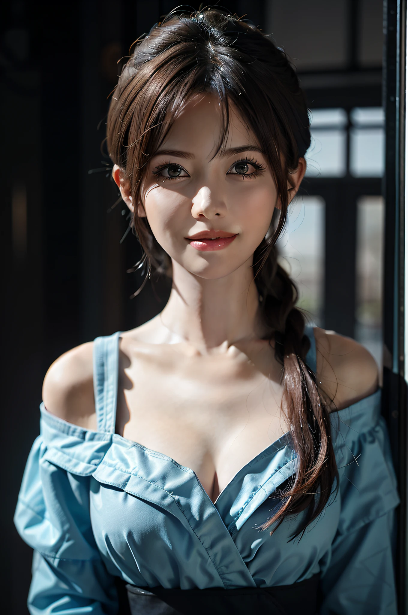 Japanese girl， smiled，Stand and look out the window，Side face， lips， Hair bangs， （Crowded Akihabara： 1.2） natrual light， all-body， Deep shadows， Cutes， beutiful， Shinjuku， Shibuya， Ikebukuro， Detailed realism， skin textures， hyper detailed， realistic skin textures， （Award-winning photos，Incredible masterpiece： 1.3)