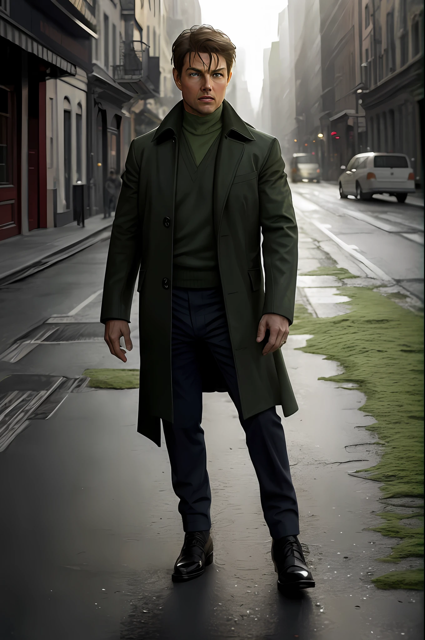 (16k, foto RAW, melhor qualidade, obra-prima: 1.2), ultra-detalhado, arte formal, foto realismo: 1.37, foto do corpo inteiro, (homem, beleza ,(Tom cruise)film grain, villain action pose ((Duende verde))detalhes