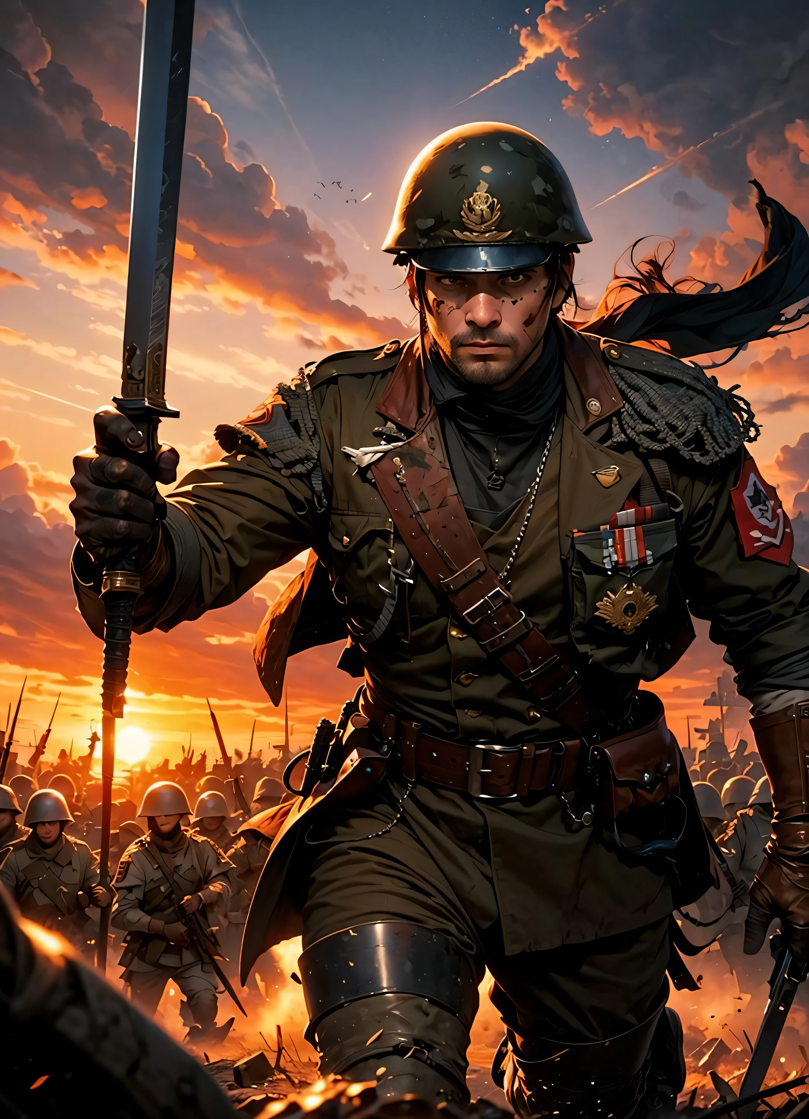 1 man(((Leading a charge )),(dirty)) , holding grave sword , steps(battlefied) , encircled by an army(a lot) , sunset , dramatic effect , dynamic angle,dark fantasy,blood,