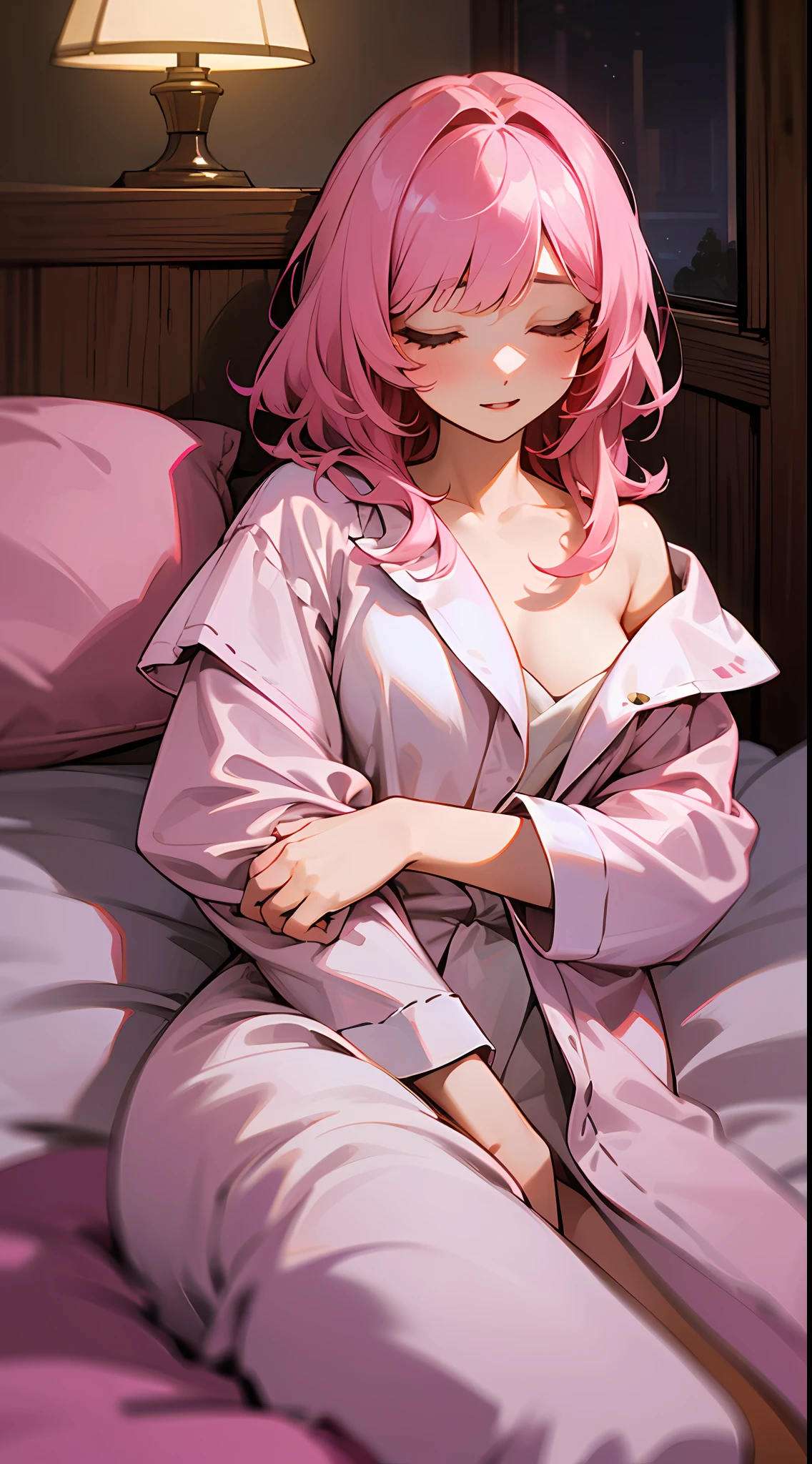 maximum quality、Intrincated detailed、8K、4 k、Highresolution、Intrincated detailed、Medium hair in pink color、Shedding bangs to the right、Upper body is shown、Wooden bedroom、(Sleeping in bed)、(Fantasy world)、Nightwear、dressing gown、dimly lit room、night、