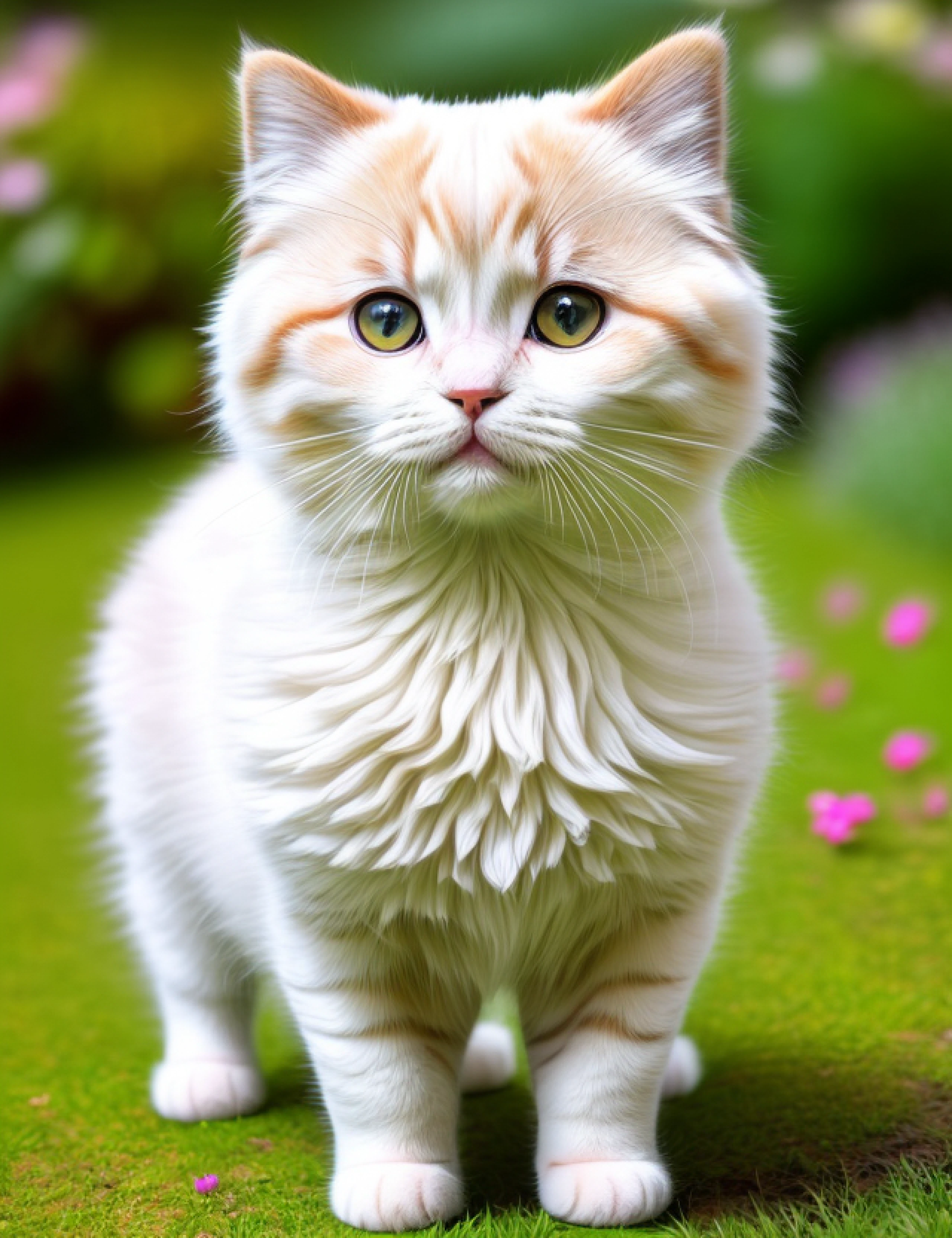 a kitty, (cute), (kawaii), trippy, 8k, ultra details, surreal photography, paws, ((adorable)), lovely, HD, full body, garden flower background, fluffy, ((photo realistic)), nikon d850, rich color, kodak portra 400 camera, naive pose, (Scottish fold breed), super cute, looking at viewer, ((realistic))