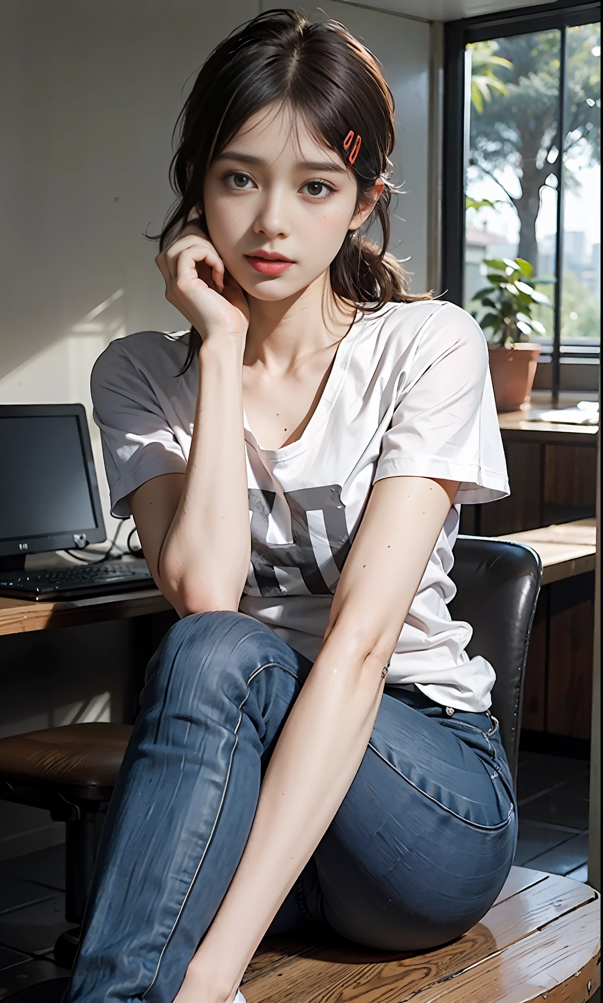 Ulzzang-6500-v1 girl female.1 girl,(Raw Photo:1 girl.2 Maidens), (photorealistic:1 girl.4 pcs), beautifuldetailedgirl, Very detailed eyes and face, The chest is extra-large，Beautiful detailed eyes,, hugefilesize, Hyperdetailed, Highres, RAWExtremely detailed，Bestquality，A Masterpiece，((t-shirt ))，illustartion，RAWExtremely detailed，CG，unified，8k wallpapers，Amazing，Fine details，A Masterpiece，Bestquality，Very detailed CG unified 8k wallpaper，light on the face，cinematic Lighting, 1 girl one girl, 1 girl 6 years old,Long white hair，Side division，(Big boob)，(with glasses on)，((dynamic poses))，(sexypose)，(((Cameltoe)))，(Half body)，((Pantyhose))，((long black jeans))，((((Sit with your knees folded)))) dynamic pose, leather jacket, tatoo on skin, motorcycle patches on leather jacket, long jeans