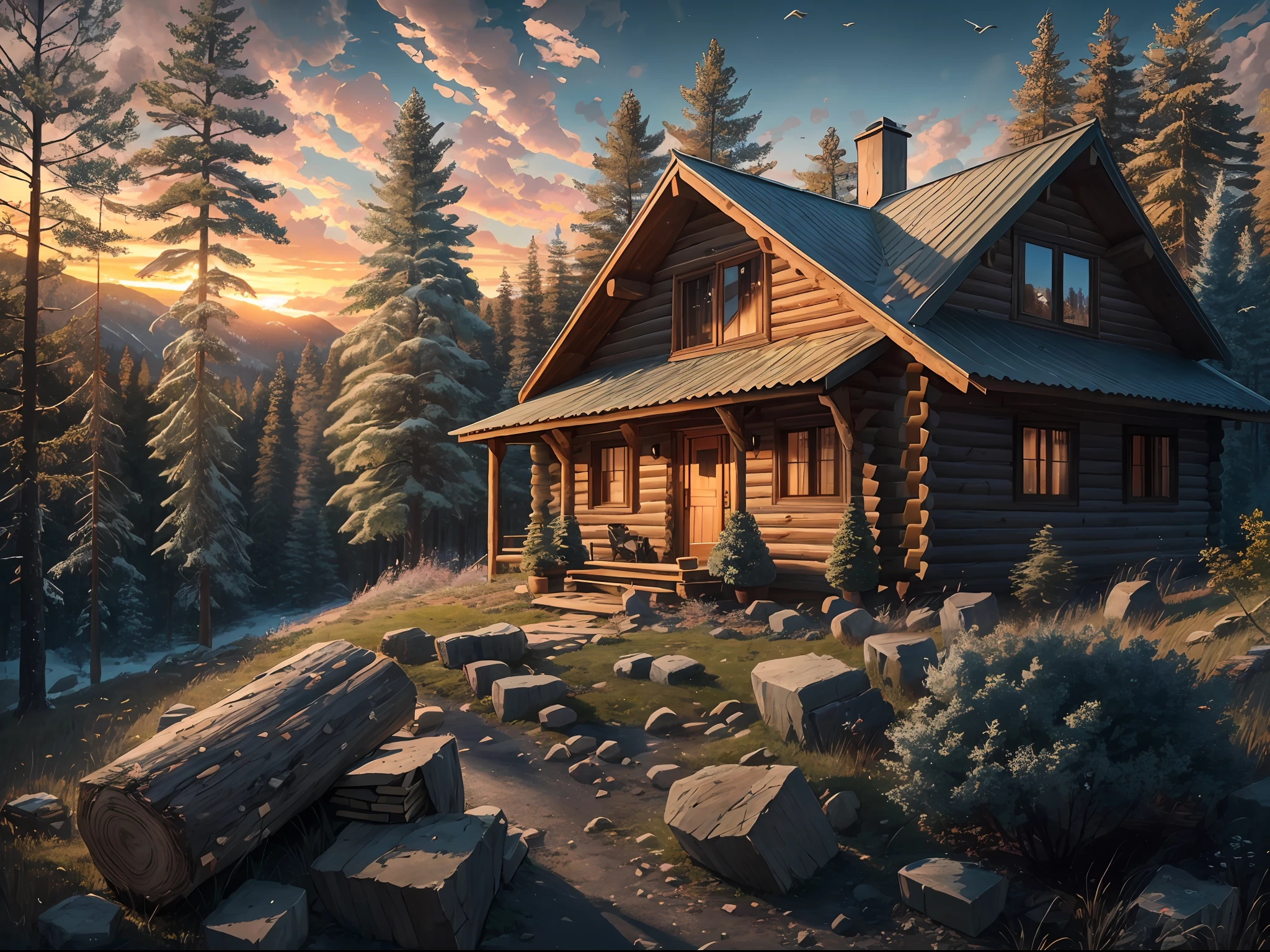 A picture of a log cabin in the mountains with a stone trail leading through the trees to the cabin, pile of chopped wood and an axe beside the cabin, birds flying, cinematic, realism, crystal clear, micro-details, cinematic light, highres, imagination, (realistic), clear skies, composition, sunset, (hdr:1.5), outdoors, intricate details,