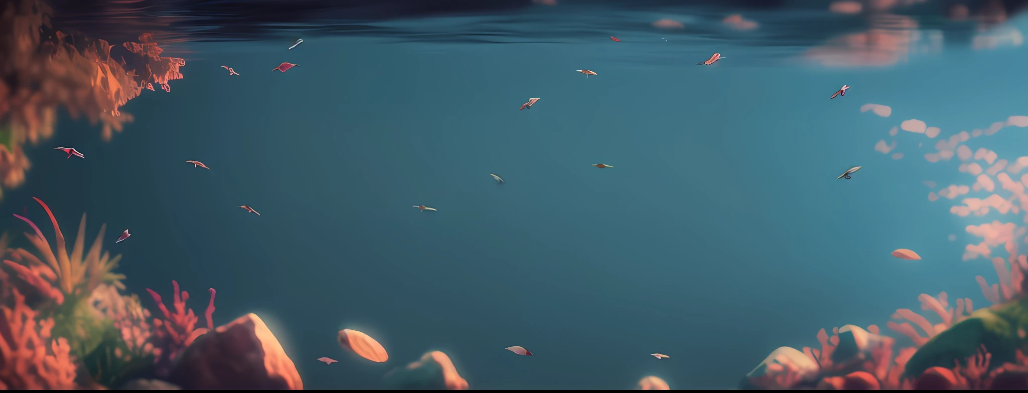 There is a picture of an ocean scene, atey ghailan 8 k, minimalist wallpaper, minimal background, 4 k hd illustrative wallpaper, inspired by Atey Ghailan, minimalistic background, wallpaper 4k, wallpaper 4 k, in style of atey ghailan, modern desktop wallpaper, author:Artie Guéran, 4k wallpaper,(master-piece,best qualiy:1.2),(without humans,Underwater,seethrough,Dari bawah:1.5),8K,Raw foto,absurdities,Beautiful coral reef,Rock,Many very small fish,Colorful tropical fish,light leaks,depthoffield,amazing scenery,filmgrain,Color Aberration,Dynamic lighting,Dramatic lighting,hdr,Lifelike,filmgrain,Color Aberration,high resolutions,ultra-details,finelydetail,big breasts very detailed,shadows, scharfer Fokus