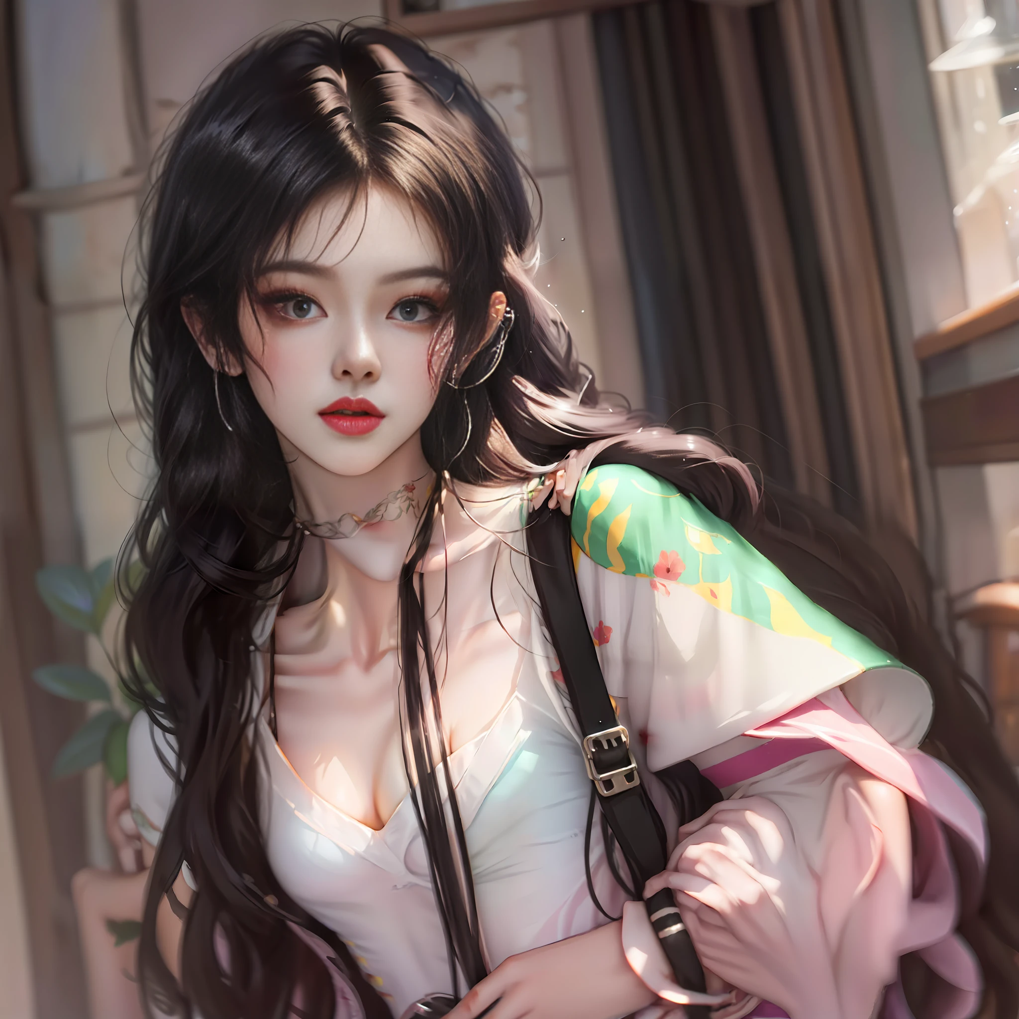 An anime 18-year-old anime beautiful girl with long black hair wearing JK