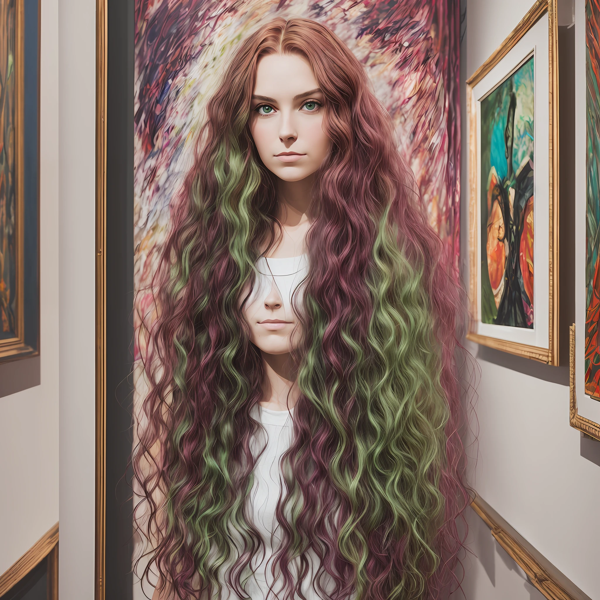 A white woman photographer with long curly brown hair stands in an art gallery and observes a mysterious red-haired woman with wavy long hair and greenish eyes