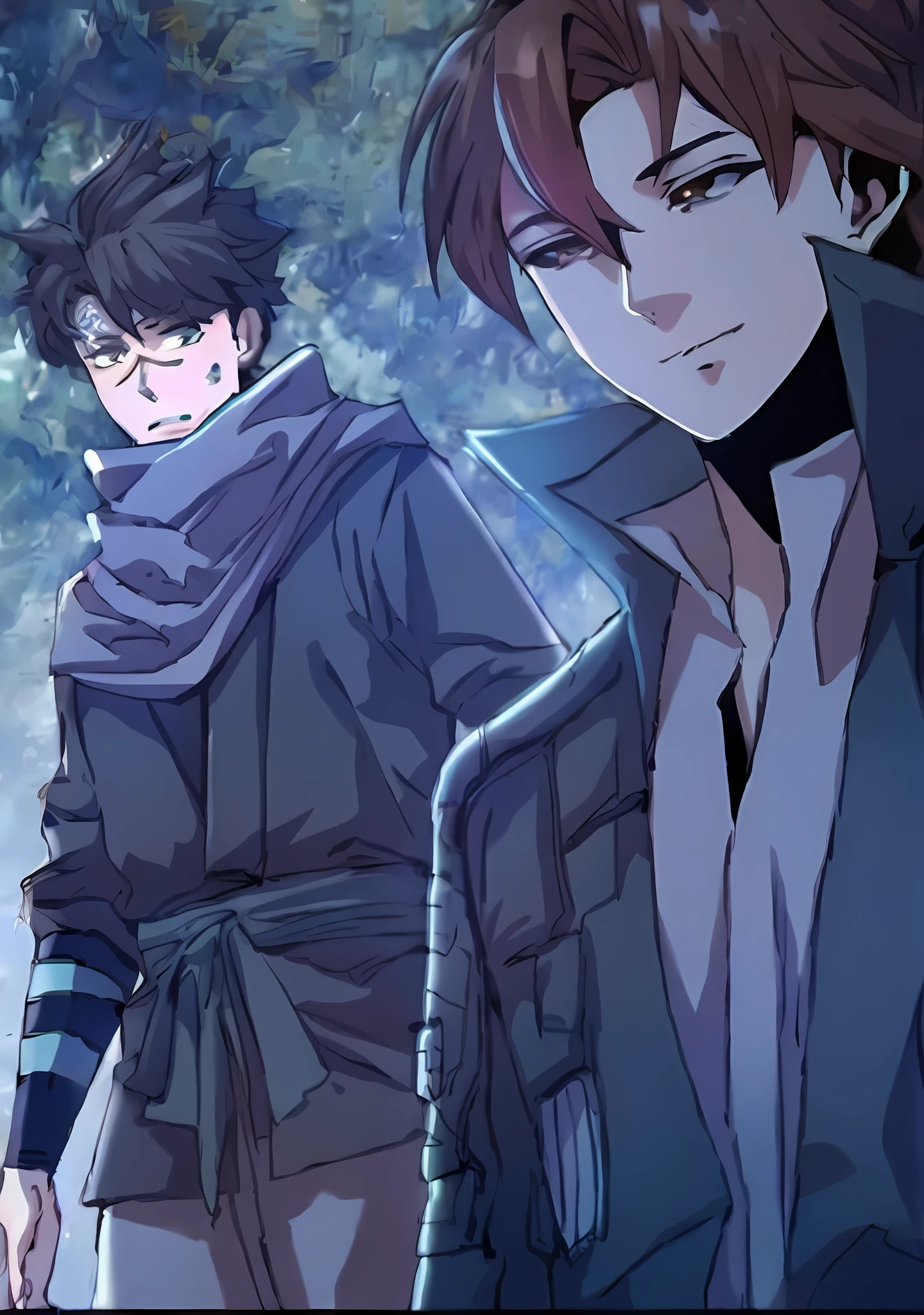 a couple of anime characters standing next to each other, two anime handsome men, hidari and vlop, makoto shinkai and (cain kuga), handsome guy in demon slayer art, akehiko inoue and ross tran, inspired by Okumura Masanobu, anime cover, hijikata toushirou, Range Murata and Artgerm