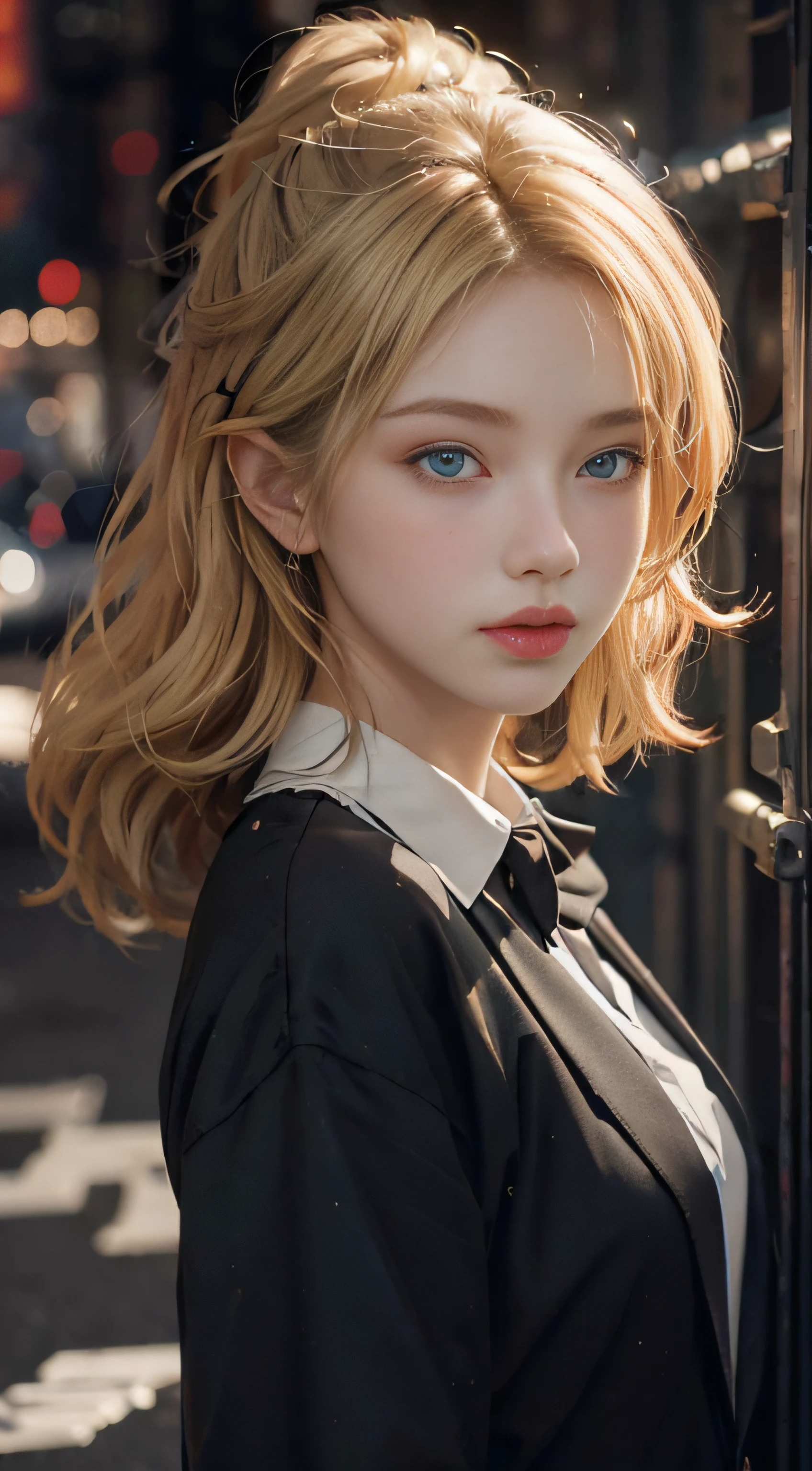 1girls，blondehair，Blue Eye，Detailed eyes and face，Black suit，