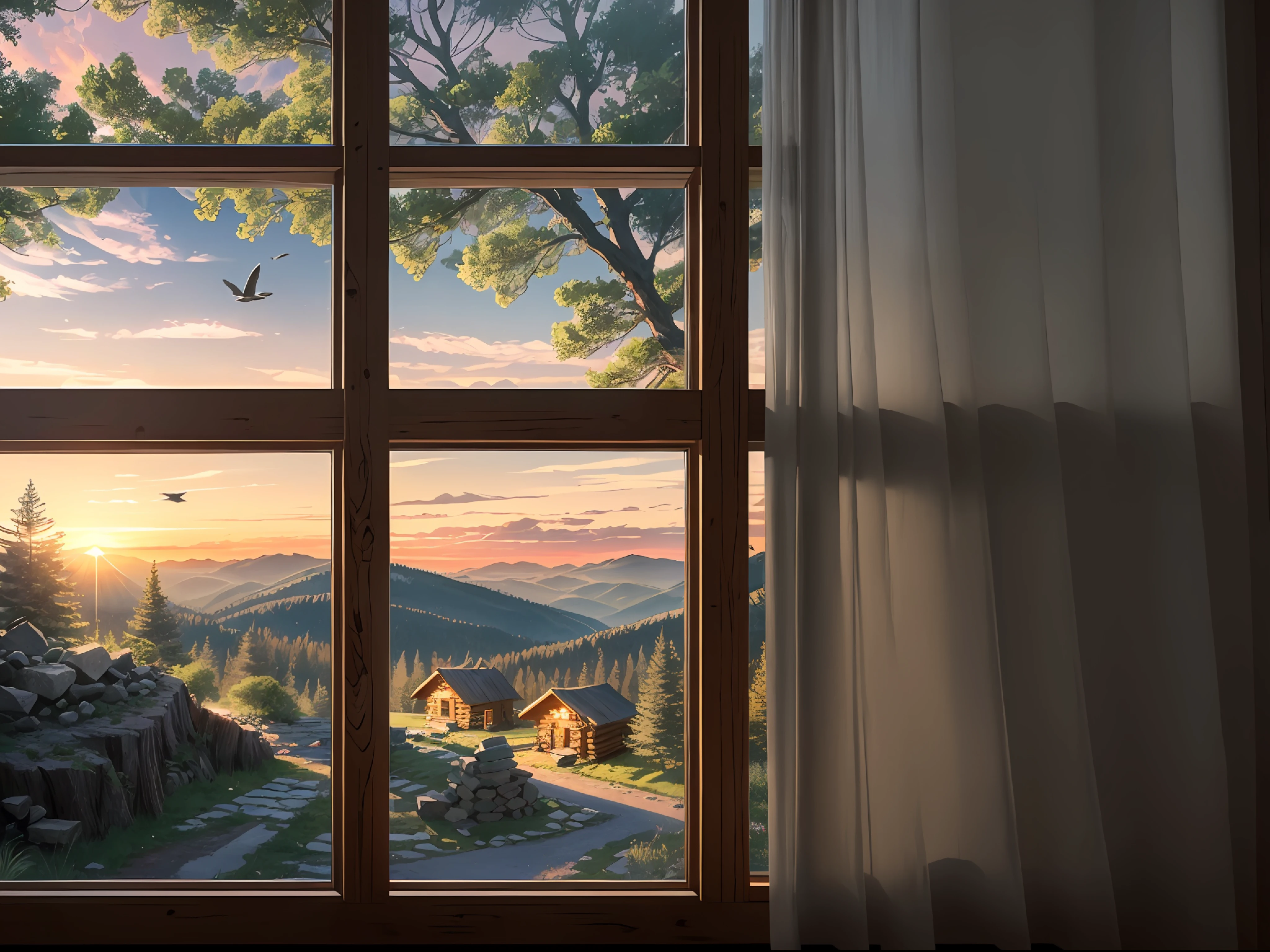 A picture of a log cabin in the mountains with a stone trail leading through the trees to the cabin, pile of chopped wood and an axe beside the cabin, birds flying, cinematic, realism, crystal clear, micro-details, cinematic light, highres, imagination, (realistic), clear skies, composition, sunset, (hdr:1.0), outdoors, intricate details, deep shadows, glowing interior