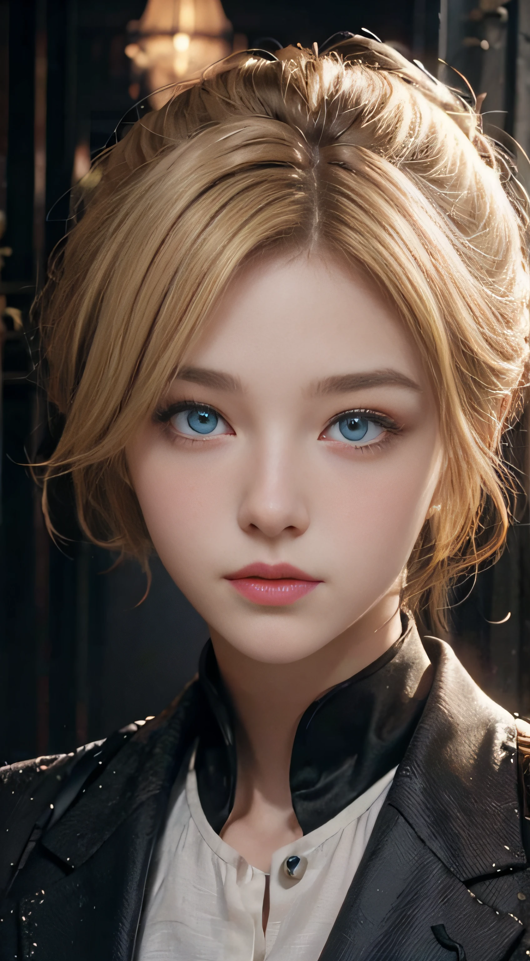 1girls,blondehair,Blue Eye,Detailed eyes and face,Black suit,