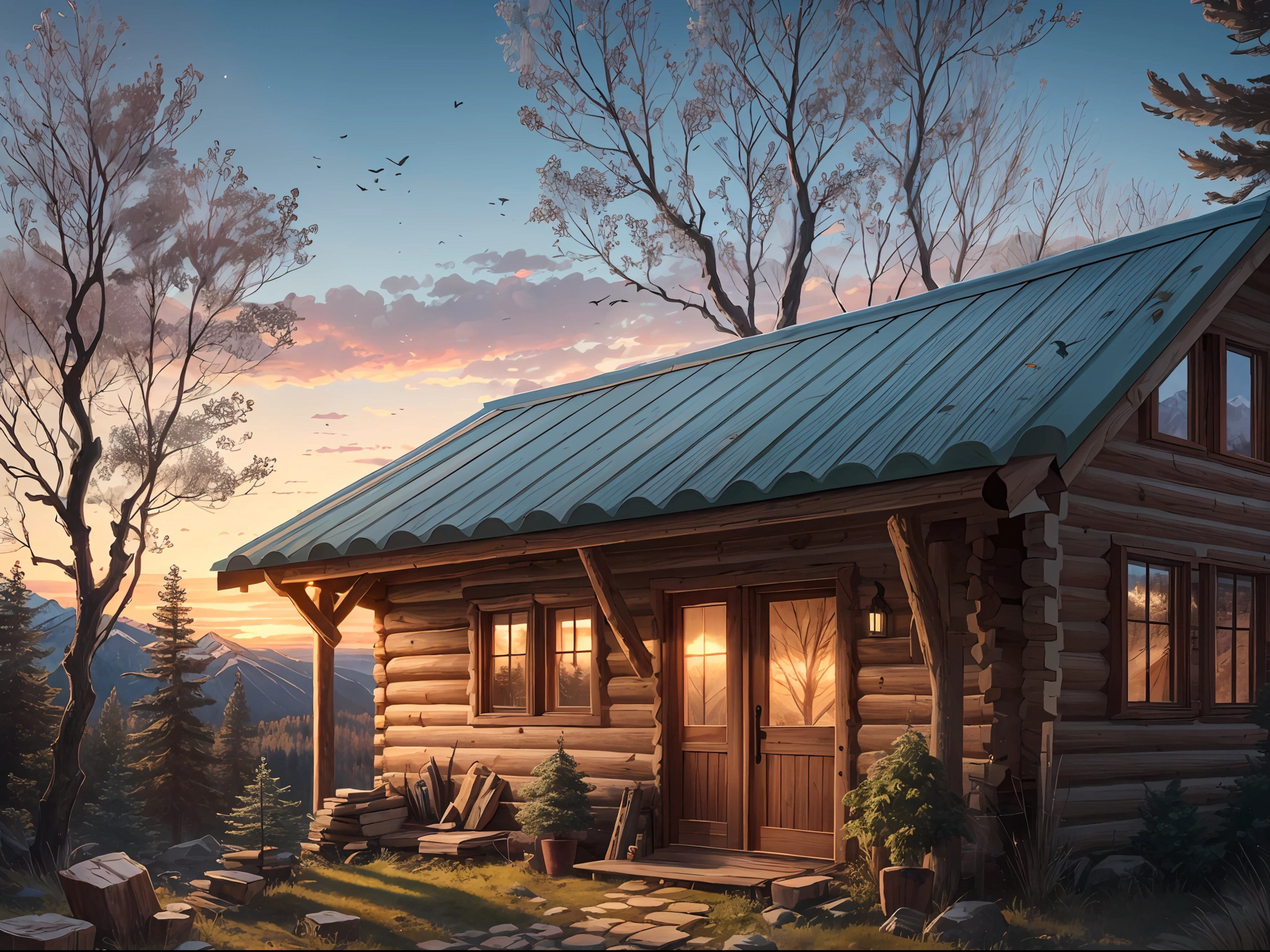 A picture of a log cabin in the mountains with a stone trail leading through the trees to the cabin, pile of chopped wood and an axe beside the cabin, birds flying, cinematic, realism, crystal clear, micro-details, cinematic light, highres, imagination, (realistic), clear skies, composition, sunset, (hdr:1.0), outdoors, intricate details, deep shadows, glowing interior