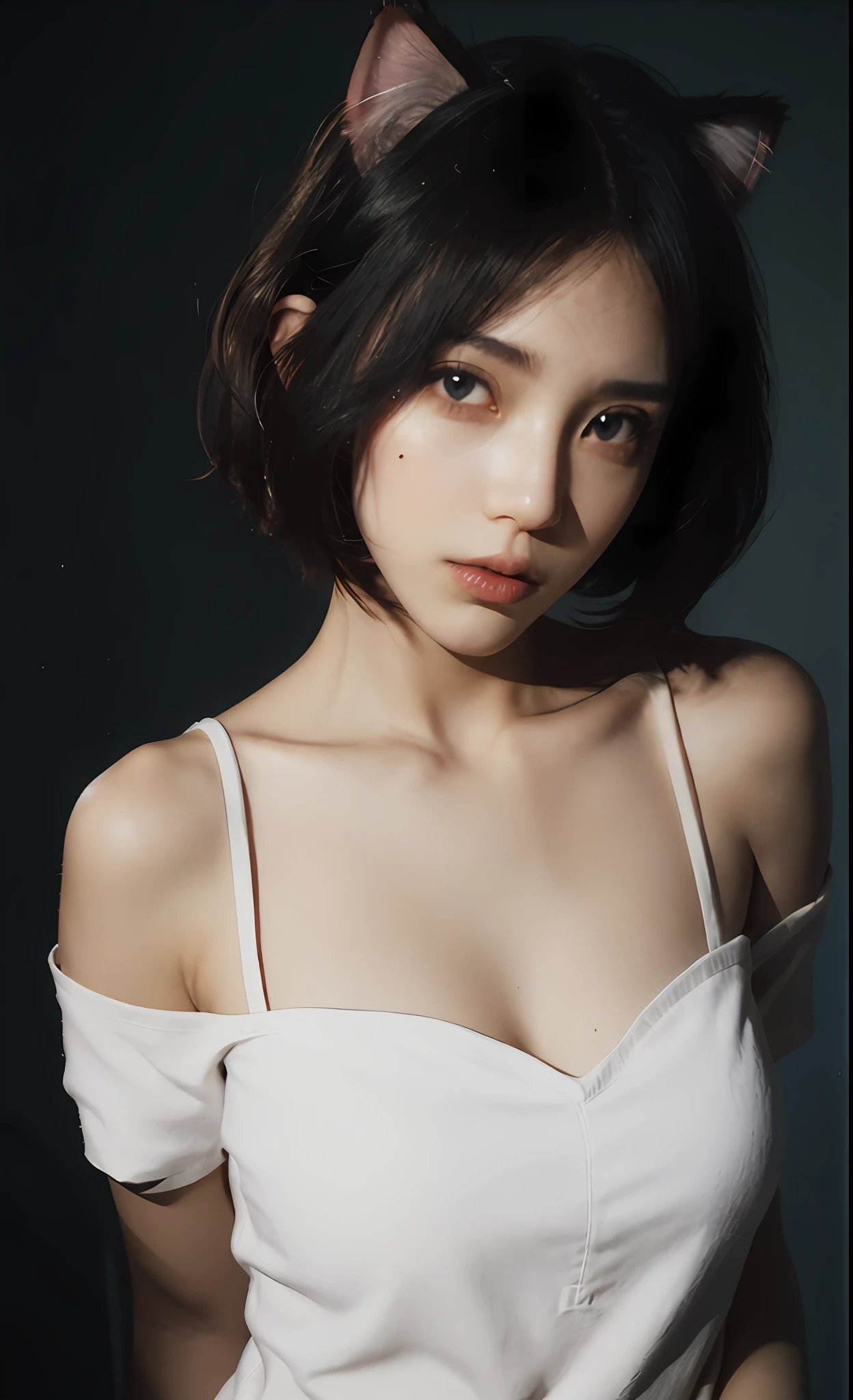a stunning photograph of young gorgeous woman, fluffy cat ears, short white hair, looking at viewer, Color film photograph, half body crop, 8k, raw photo, (film grain:1.0), (floating dust particle:1.2), award winning photo, 50mm, on focus, spotlight, rim light, in the dark, dimly lit, low key, deep shadow, (highly detailed skin:1.2), petite athletic body, half shave haircut, (beauty spot), sharp eyes