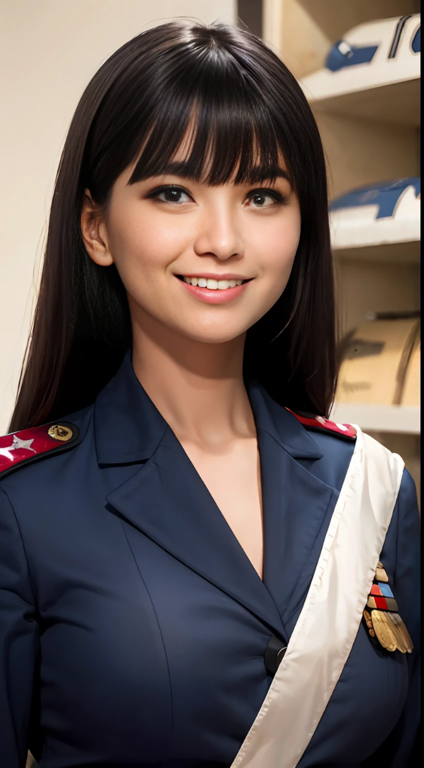 Modest outfit, remote shot, detailed beautiful delicate face, detailed beautiful delicate eyes, perfect facial proportions, high-definition skin, fine skin, four-inch best ratio. With one thumb, masterpiece, highly detailed, realistic, (World War II German general uniform reference : 1.8), highest facial resolution, 26 years old, modestly dressed woman, completely dressed, ( body small, dark blue hair, long hair and fine bangs, dark blue eyes), futuristic, science fiction, fighter plane, standing on the apron, government agency, personality hilarious, cheerful expression, respectful face, war, fighter plane