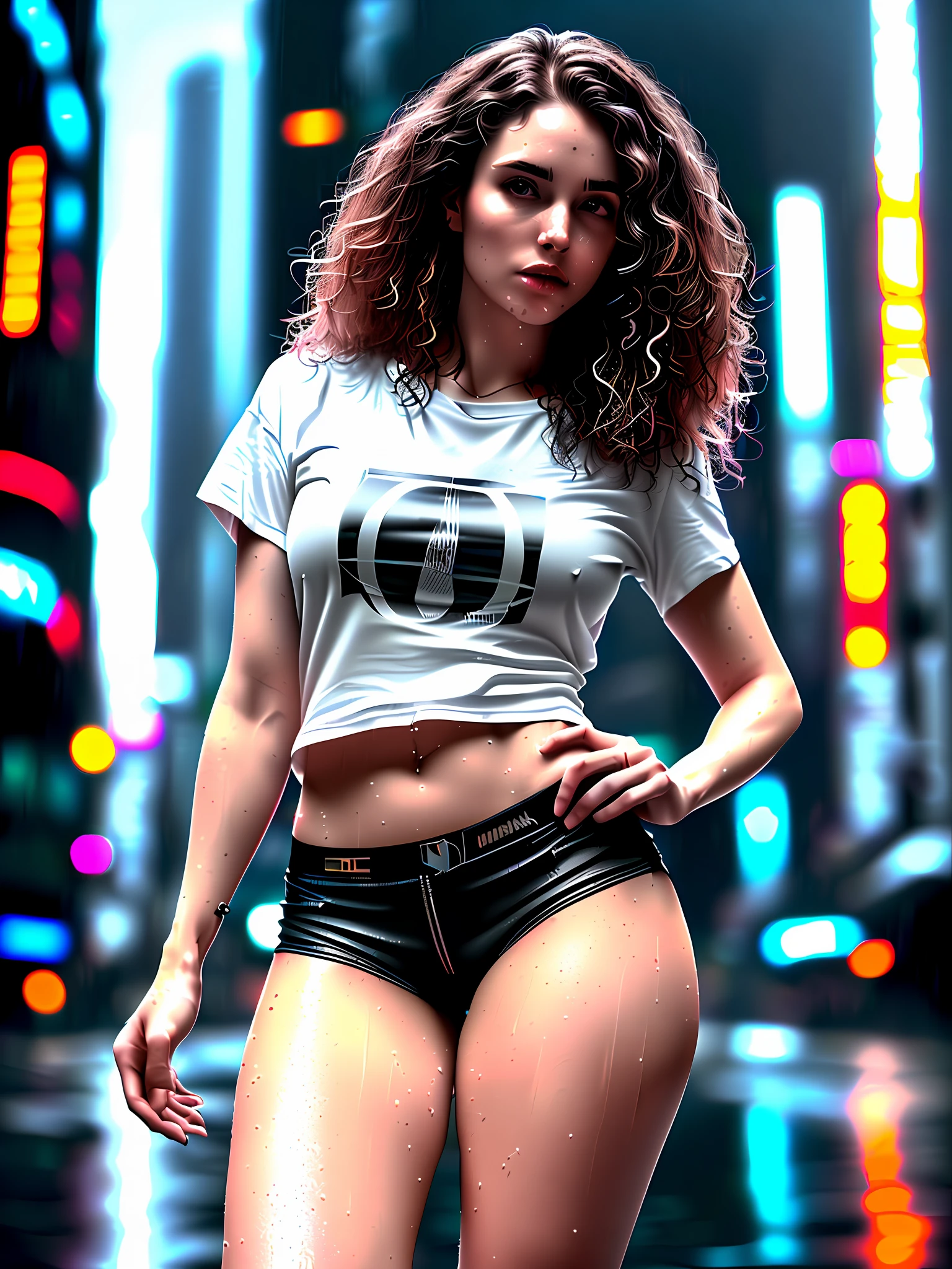 gorgeous woman with wavy hair detailed alluring eyes Thigh gap long sexy legs wearing tiny shorts tshirt in beautiful futuristic cyberpunk+ city, mist, wet, raining, best quality masterpiece, photorealistic, detailed, 8k, HDR, shallow depth of field, broad light, high contrast, backlighting, bloom, light sparkles, chromatic aberration, sharp focus, RAW color photo