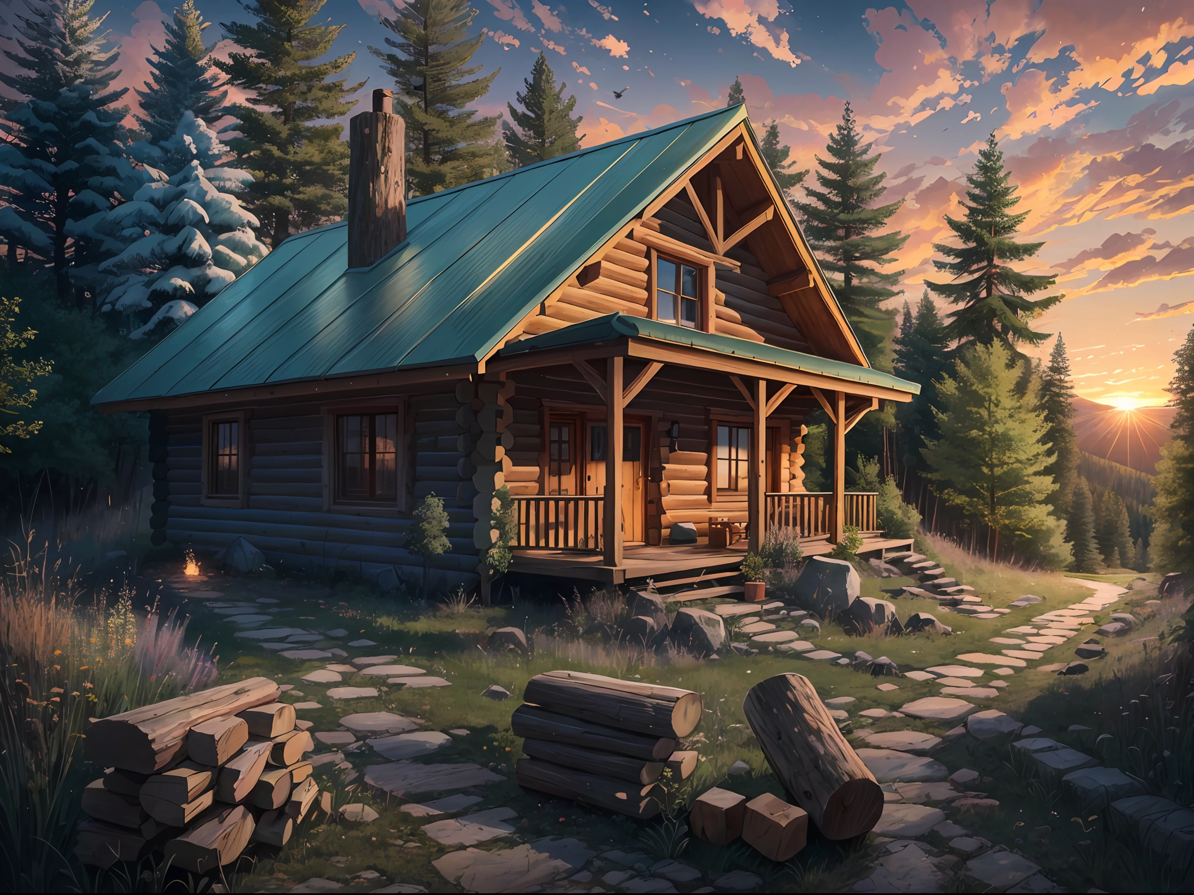 A picture of a log cabin in the mountains with a stone trail leading through the trees to the cabin, pile of chopped wood and an axe beside the cabin, birds flying, cinematic, realism, crystal clear, micro-details, cinematic light, highres, imagination, (realistic), clear skies, composition, sunset, (hdr:1.5), outdoors, intricate details,