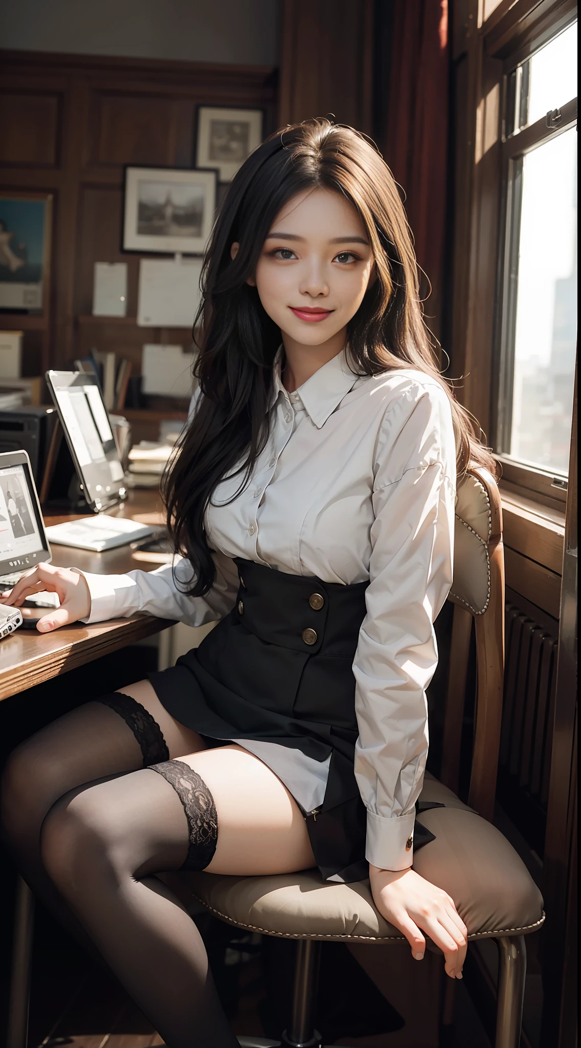 Best Quality, Full Body Portrait, Cinematic Texture Shot, Exquisite Face, Beautiful Face, 20 Year Old Woman, Smiling, Slim Figure, Small Bust, OL Uniform, Office Wear, Black Stockings, Interior Scene, Office, Seated